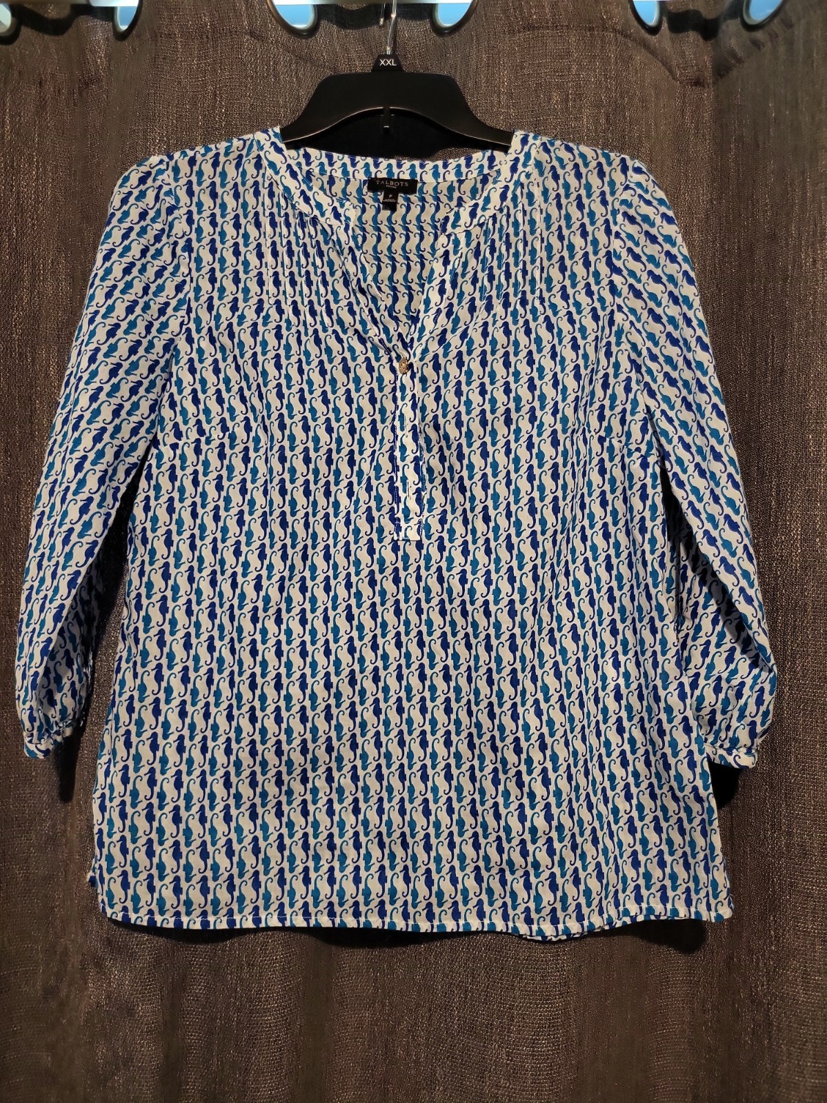Talbot Petites Seahorse V Neck Blouse Size Small Blue White Talbot Petites Seahorse V Neck Blouse Size Small Blue White