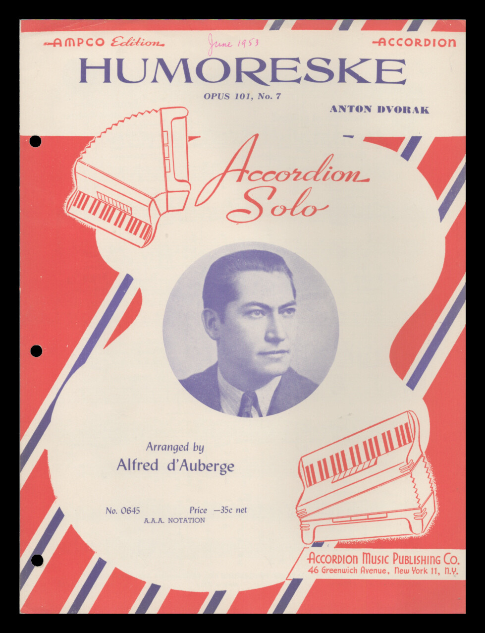 HUMORESKE Dvorak 1953 Alfred d\'Auberge ACCORDION SOLO Vintage Sheet Music