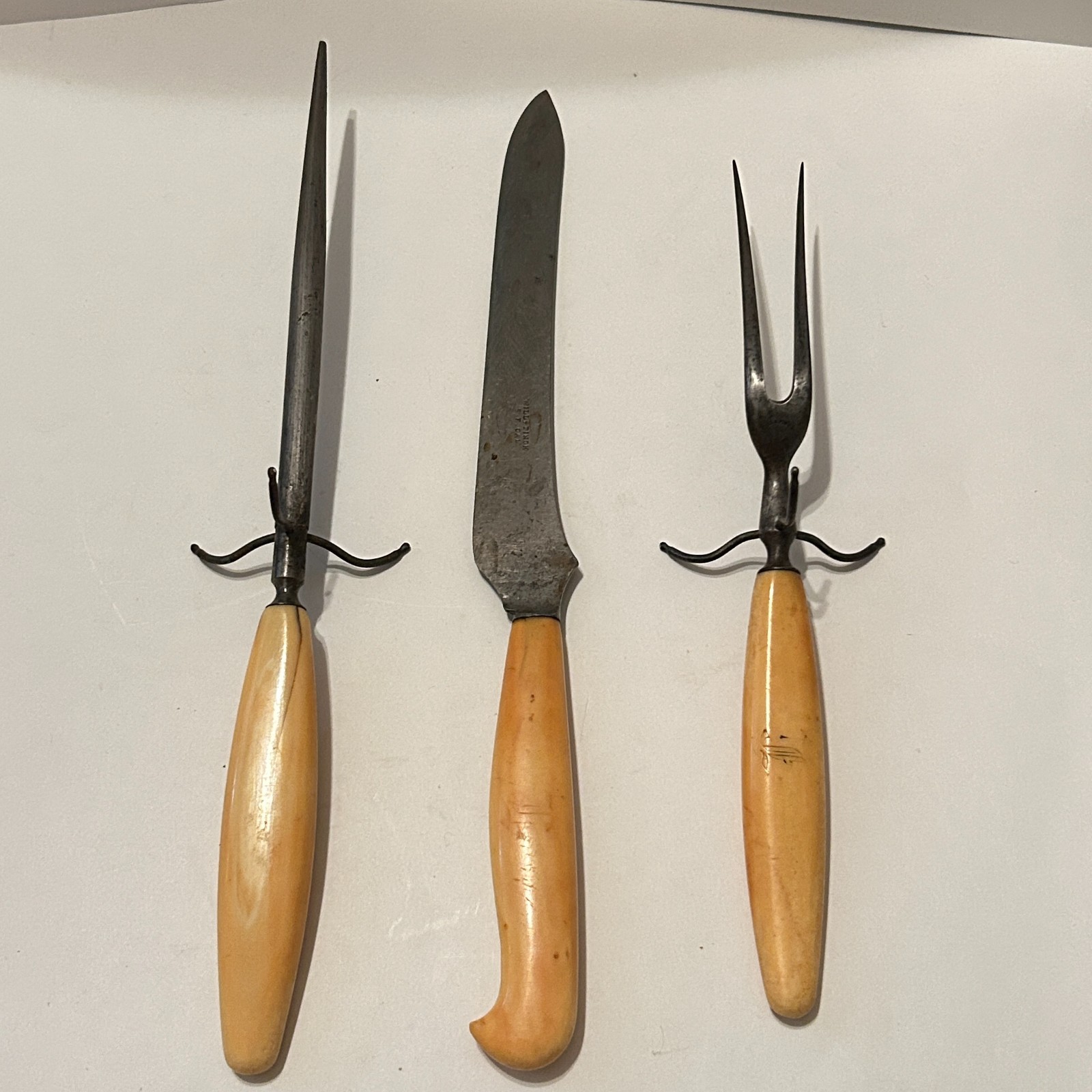 Antique 19th Century WILL & FINCK SF CAL Carving Fork Knife Sharpener Set Antique 19th Century WILL & FINCK SF CAL Carving Fork Knife Sharpener Set
