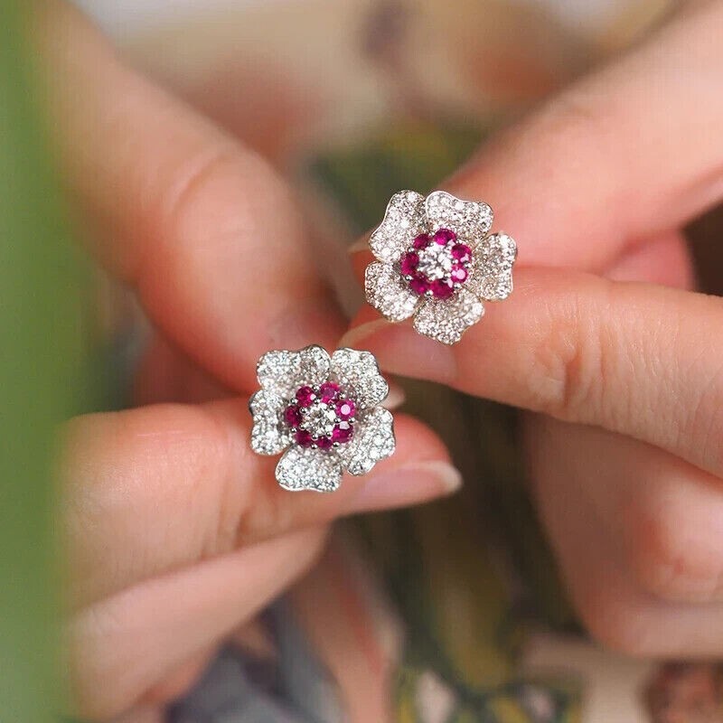 2 CT Round Simulated Ruby & Diamond Flower Stud Earrings 14K White Gold Over