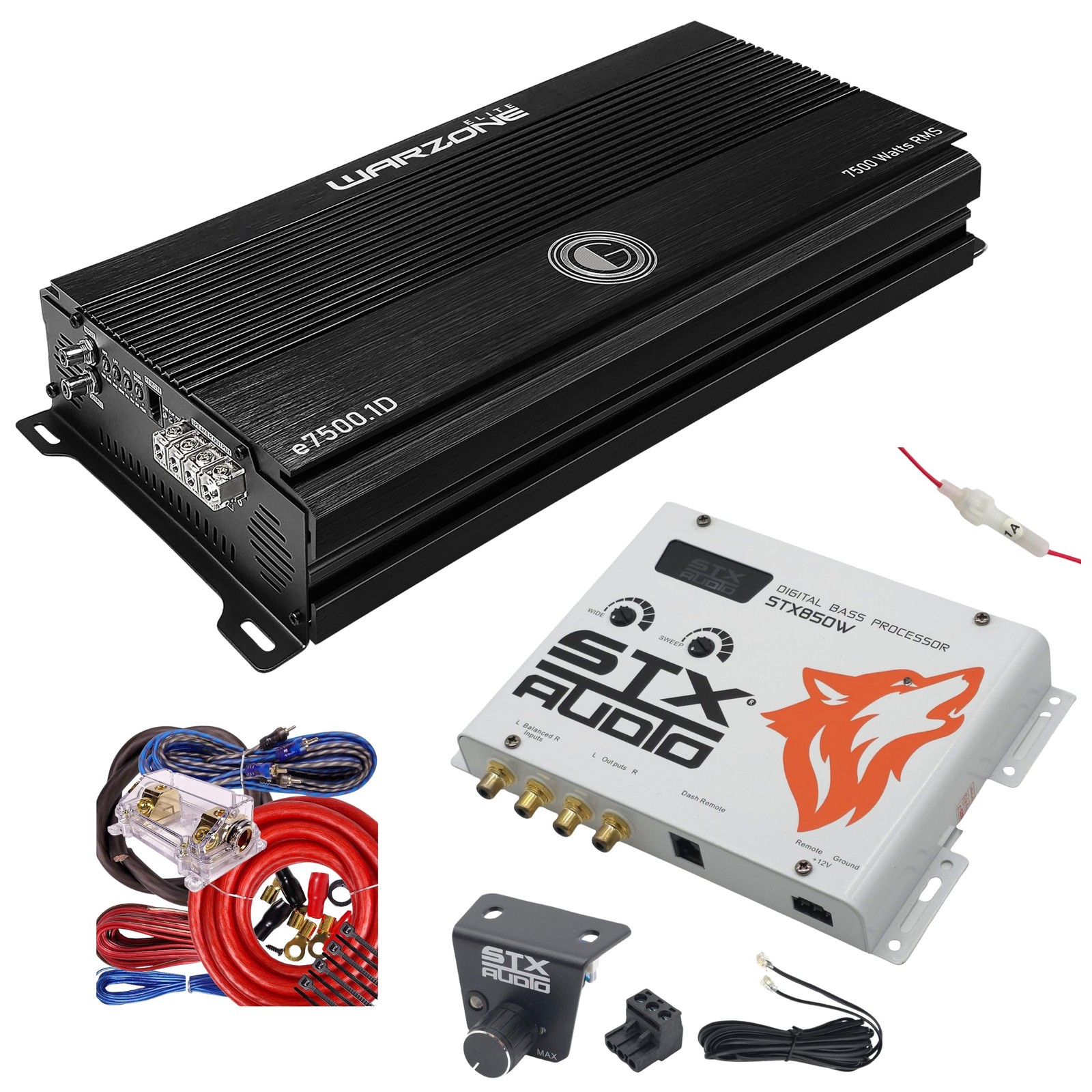 Gravity E7500.1D Warzone 7500W Amp + STX Audio STX850W Bass Processor + Amp Kit