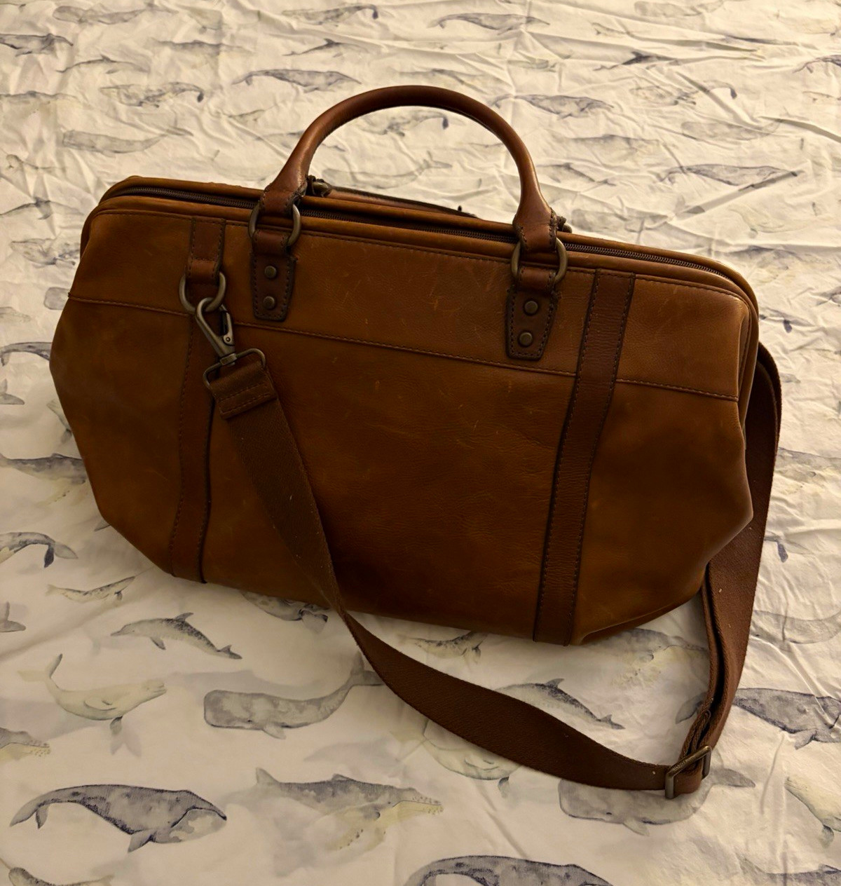 Vintage Fossil Estate Brown Duffle Bag Zip & Buckle Top Handle Lined