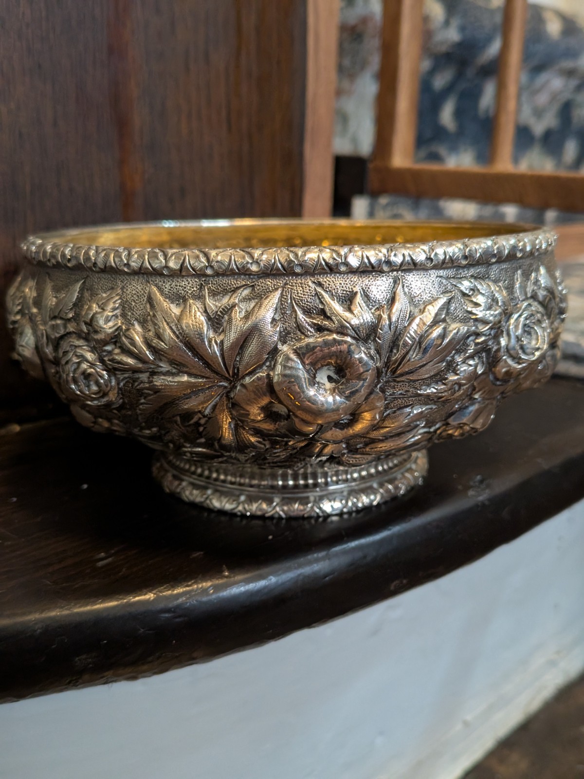 Antique S Kirk & Son Coin Silver Footed Bowl 12.8oz Floral Repousse Baltimore