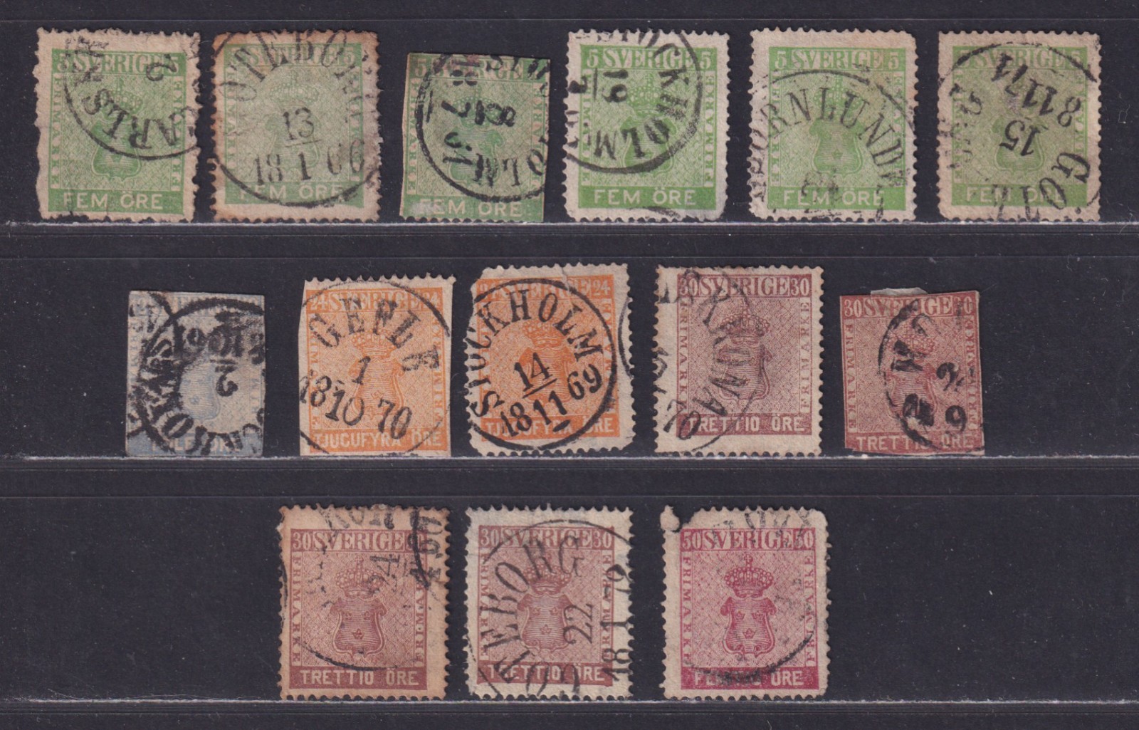 Sweden 1858 Damaged Coat of Arms Stock 14 Stamps SCV $400+