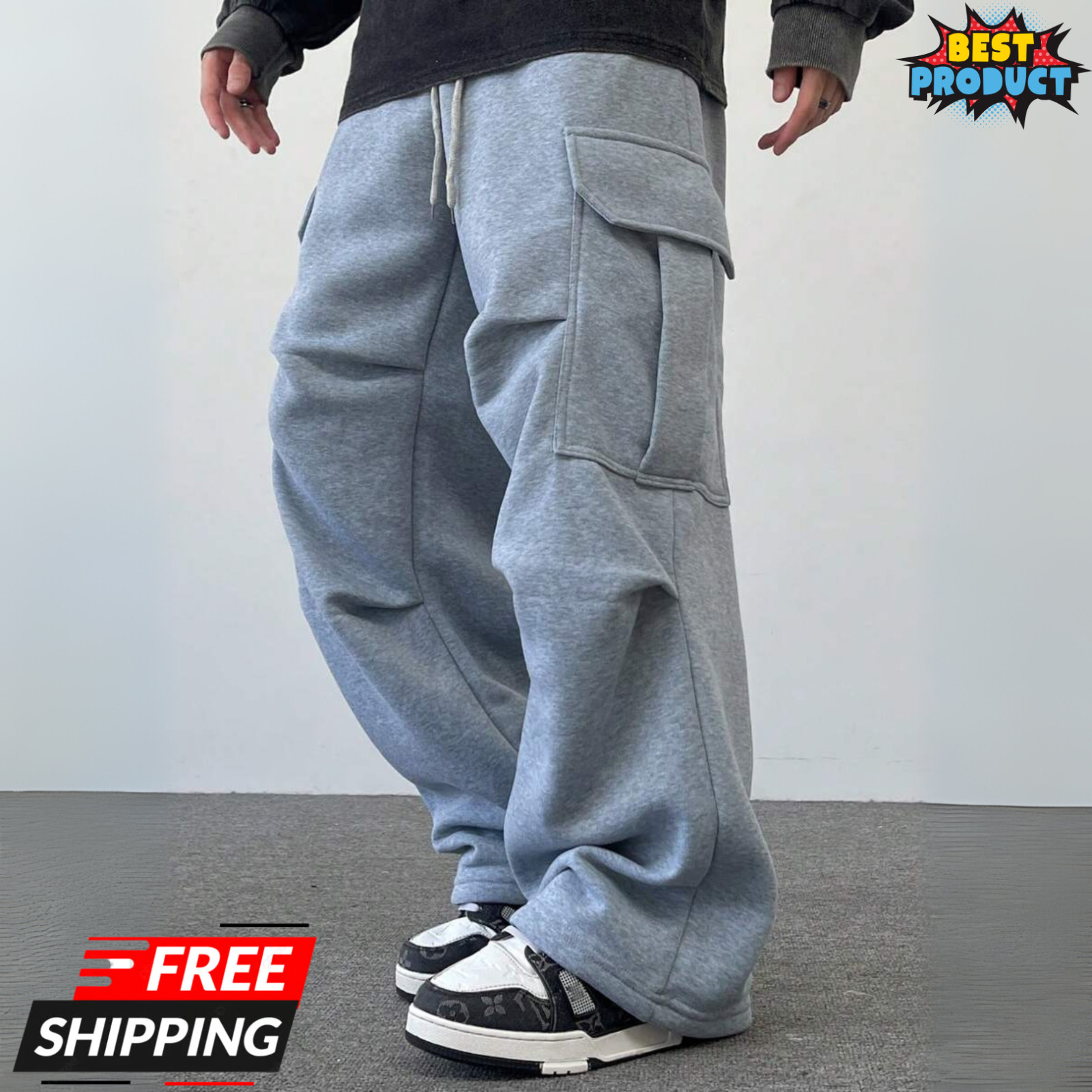 Men's Baggy Cargo Sweatpants Loose Fit Drawstring Joggers Streetwear Pants USA