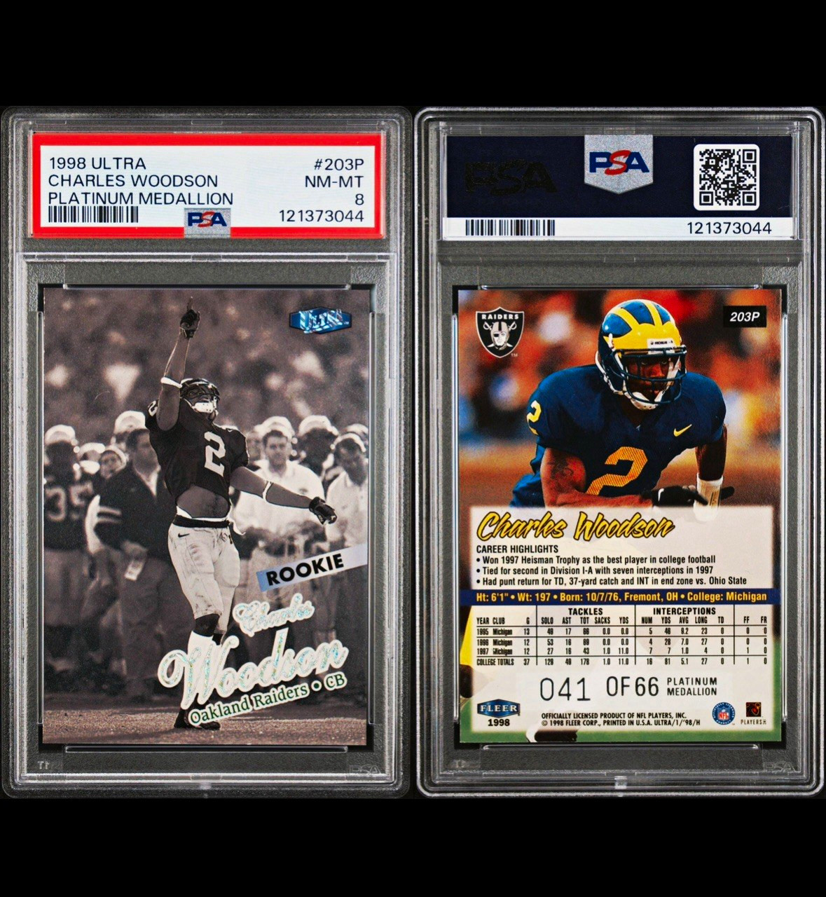 1998 Fleer Ultra Charles Woodson Platinum Medallion #203P PSA 8 RC Raiders /66