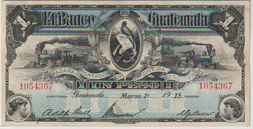 Guatemala 1 Peso Banknote 1915 Extra Fine-Choice Very Fine Grade P# Guatemala 1 Peso Banknote 1915 Extra Fine-Choice Very Fine Grade P#