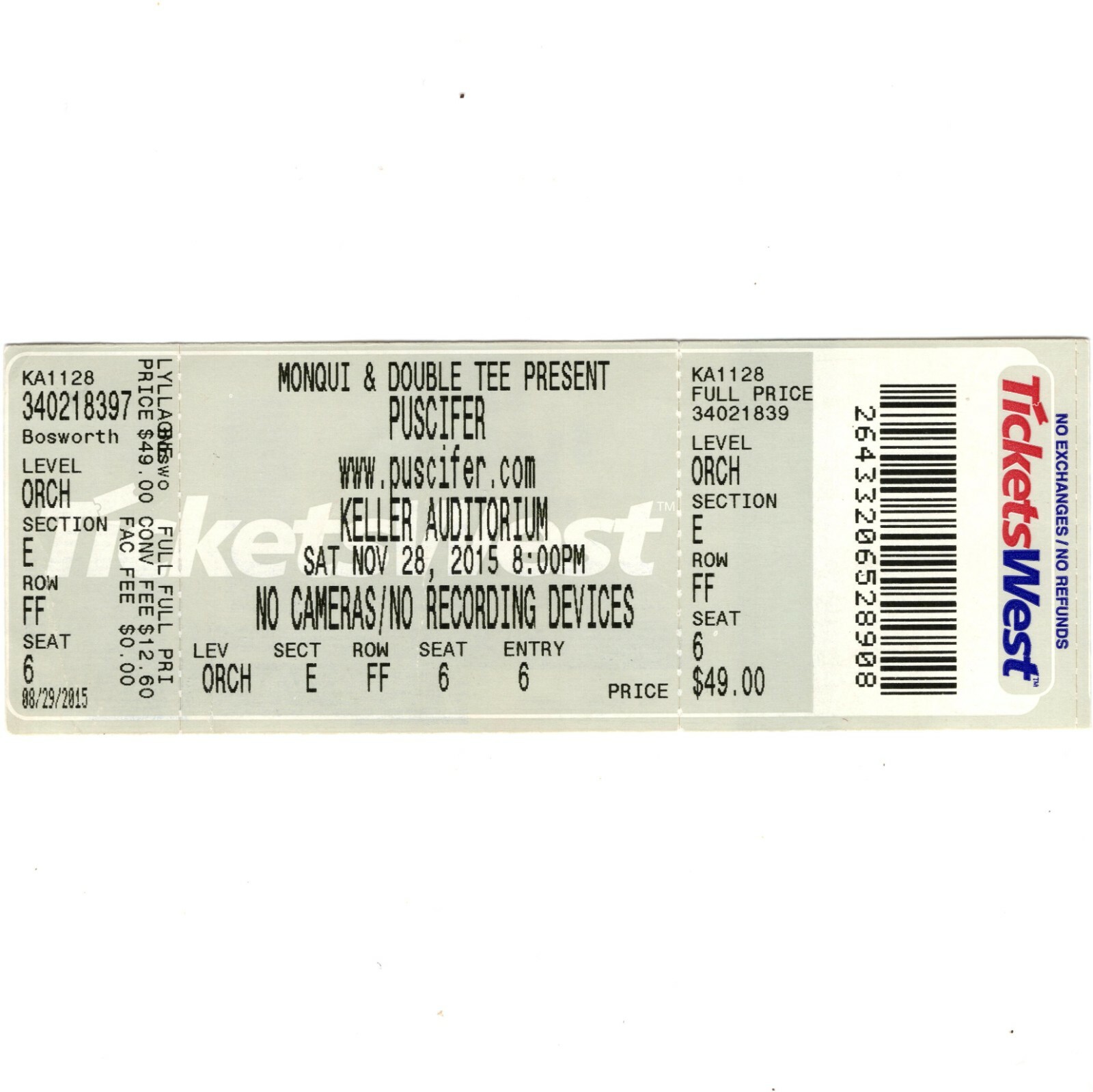 PUSCIFER Concert Ticket Stub PORTLAND OR 11/28/15 KELLER MONEY SHOT TOUR Rare