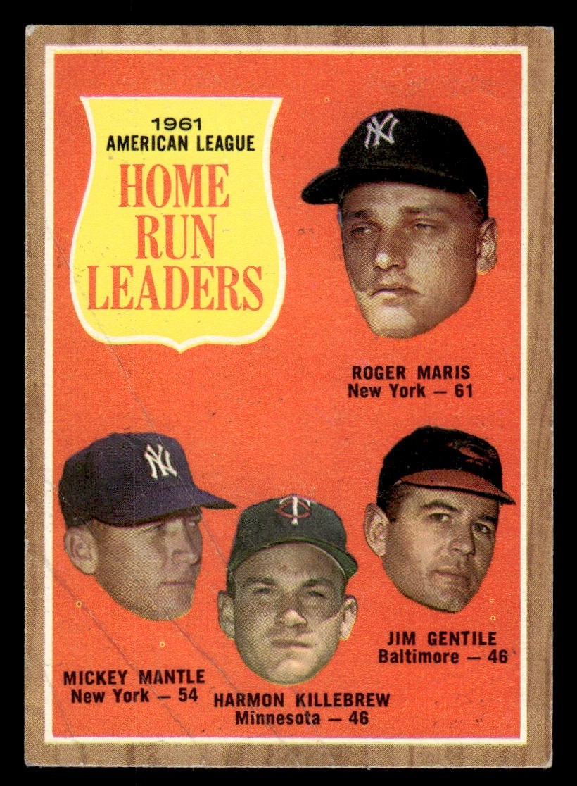 1962 Topps #53 Home Run Leaders Roger Maris / Mickey Mantle / Harmon Killebrew