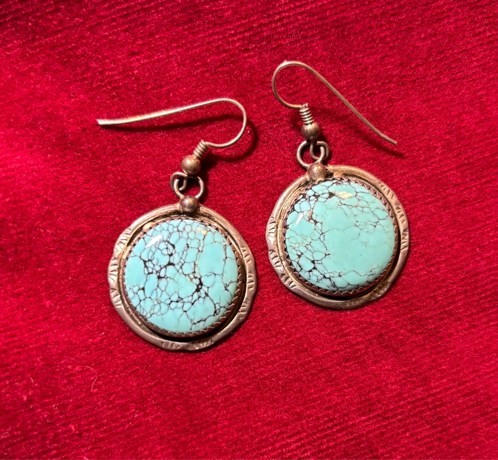 Vtg Navajo Sterling Silver Turquoise Round Drop Earrings Vtg Navajo Sterling Silver Turquoise Round Drop Earrings