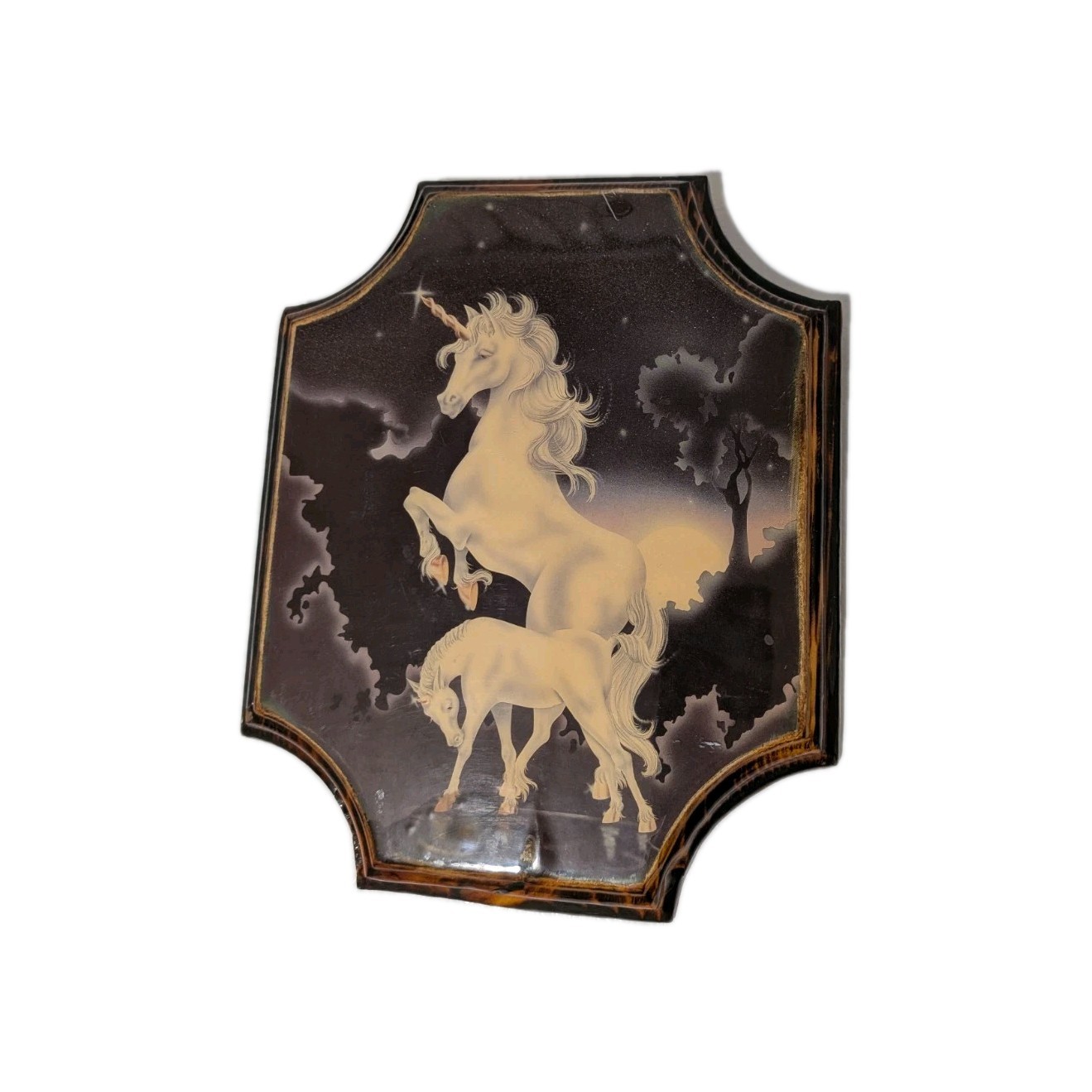 VTG Charlie\'s Crafts Unicorn Art Lacquered Wood Plaque Hanging Decor READ VTG Charlie\'s Crafts Unicorn Art Lacquered Wood Plaque Hanging Decor READ