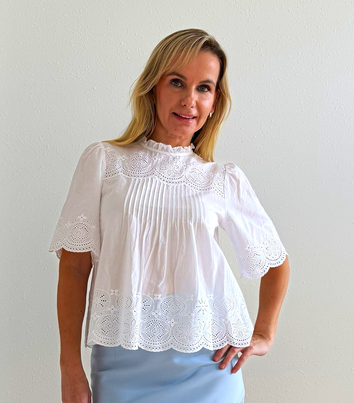 Madewell Embroidered Pintuck Eyelet High Neck Top White XS NWT $110