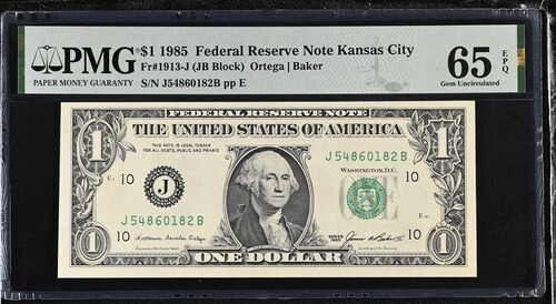 3 SEQUENTIAL $1 1985 FEDERAL RESERVE NOTE KANSAS CITY Fr#1913-J PMG 65, 64 EPQ