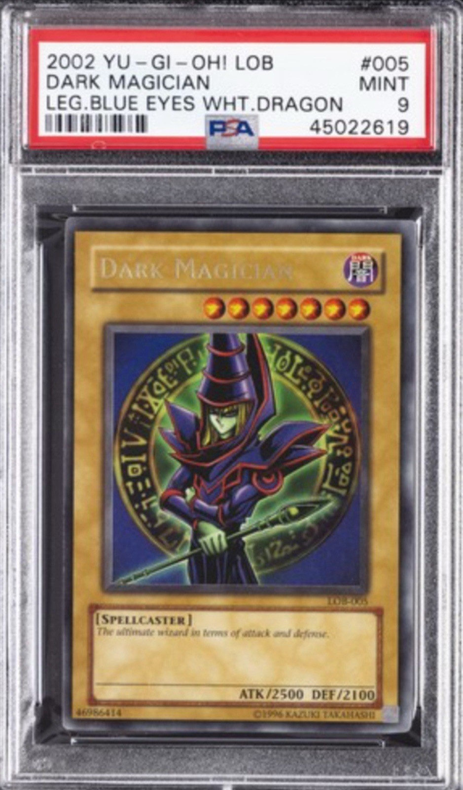 2002 YU-GI-OH LOB-LEGEND OF BLUE EYES WHITE DRAGON #005 DARK MAGICIAN PSA 9 2002 YU-GI-OH LOB-LEGEND OF BLUE EYES WHITE DRAGON #005 DARK MAGICIAN PSA 9