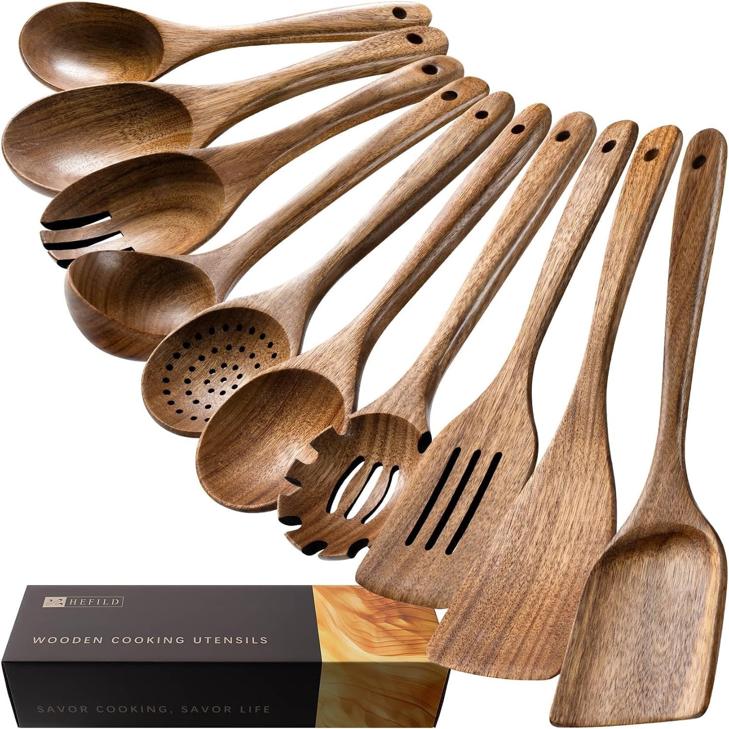 10 Pack Acacia Wooden Cooking Utensils Nonstick Safe Spoons & Spatulas Set 10 Pack Acacia Wooden Cooking Utensils Nonstick Safe Spoons & Spatulas Set