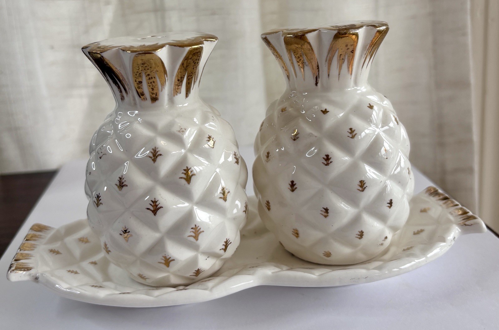 vintage Pineapple salt pepper shakers With Tray  White And Gold MCM Porcelain