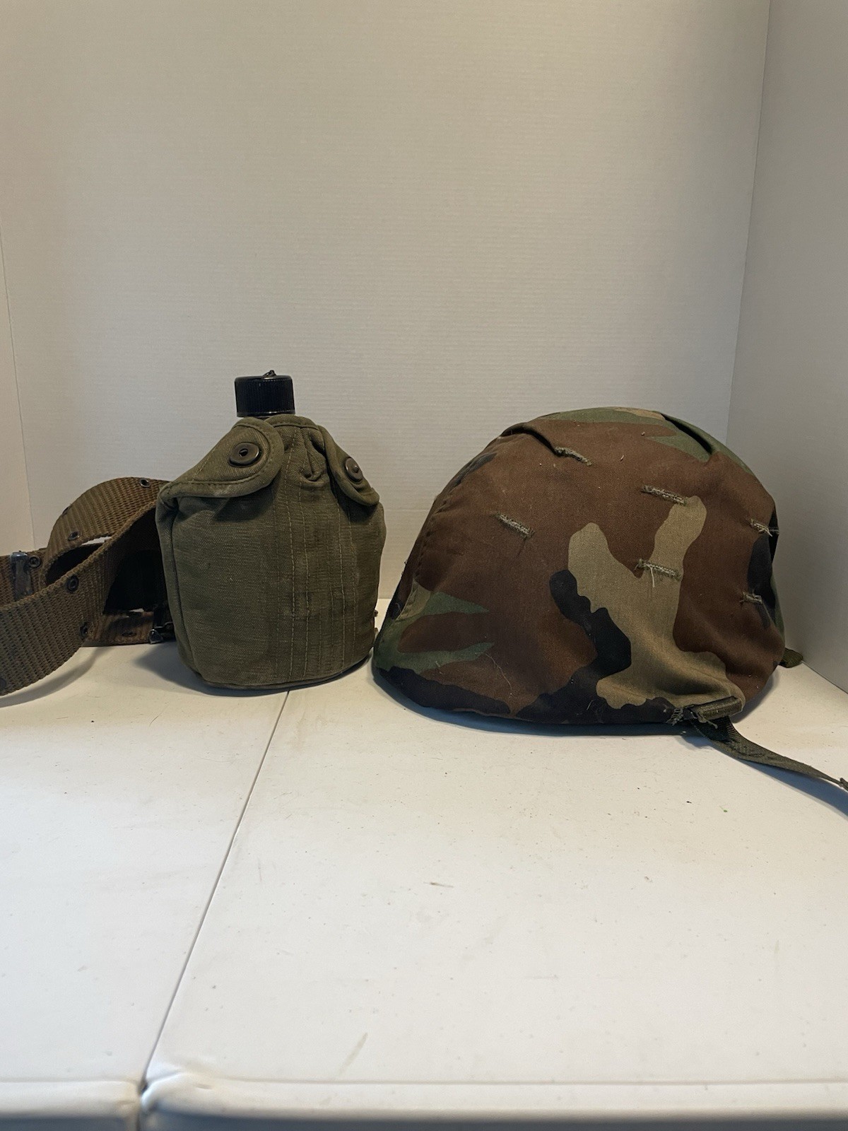 Military Steel Pot Helmet With WW2 1945 Canteen Belt And Cover Military Steel Pot Helmet With WW2 1945 Canteen Belt And Cover