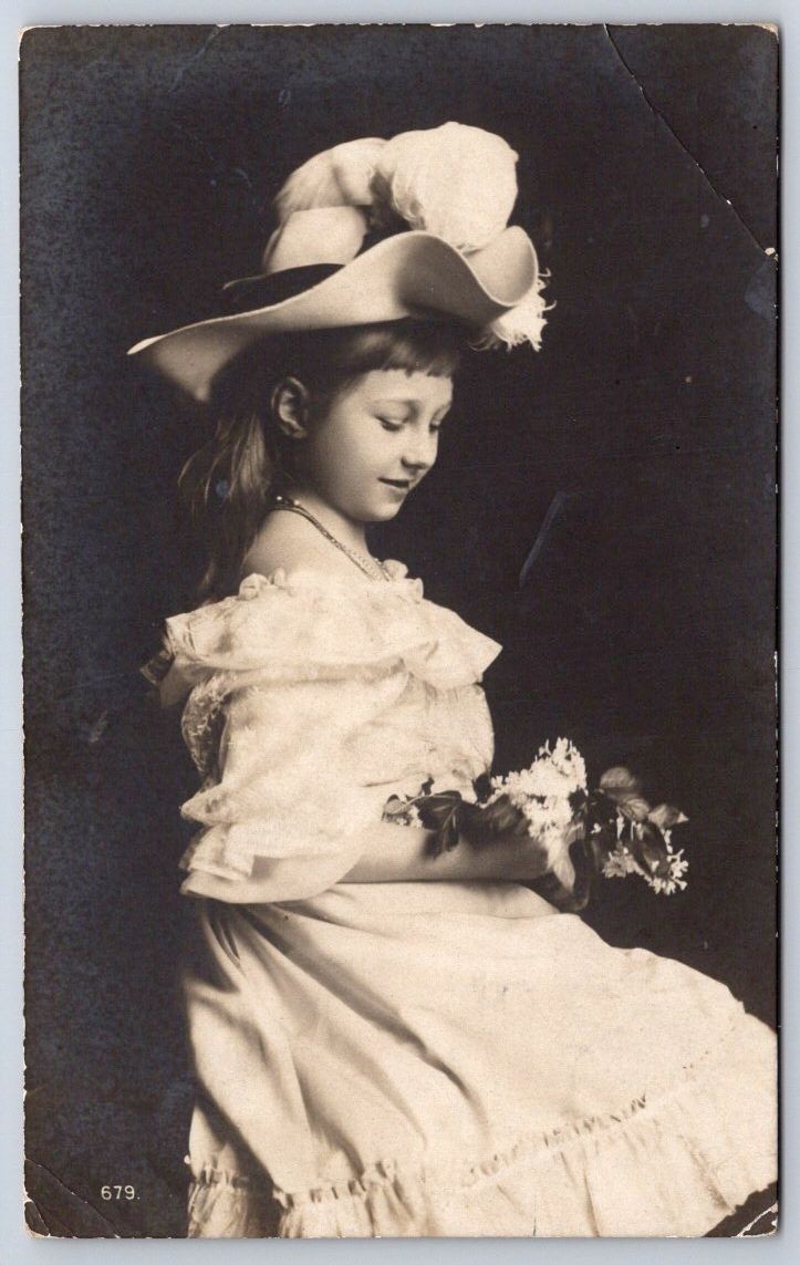 Antique Portrait Young Girl Large Hat Flowers Princess Victoria