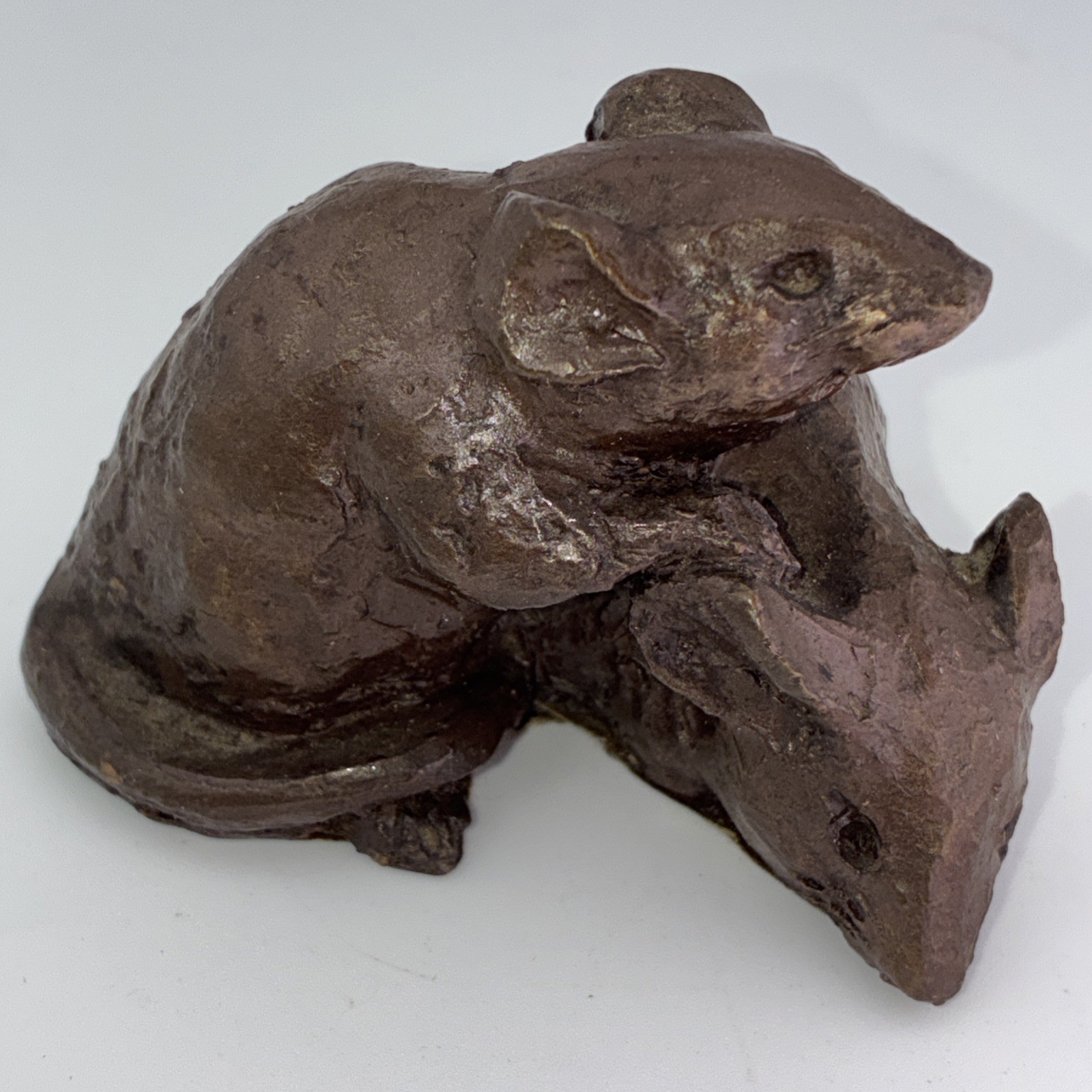 Vintage 2 Cuddling Mice Bronze Statue Solid Hand Made Rustic Paperweight Desk 3”