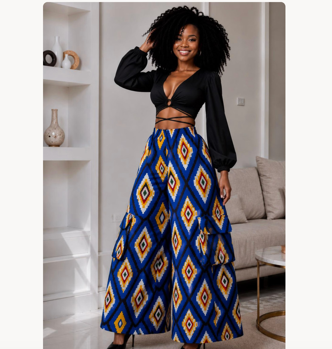 African Blue & Yellow Wide‑Leg Pants – Handmade Ankara Palazzo Trousers 