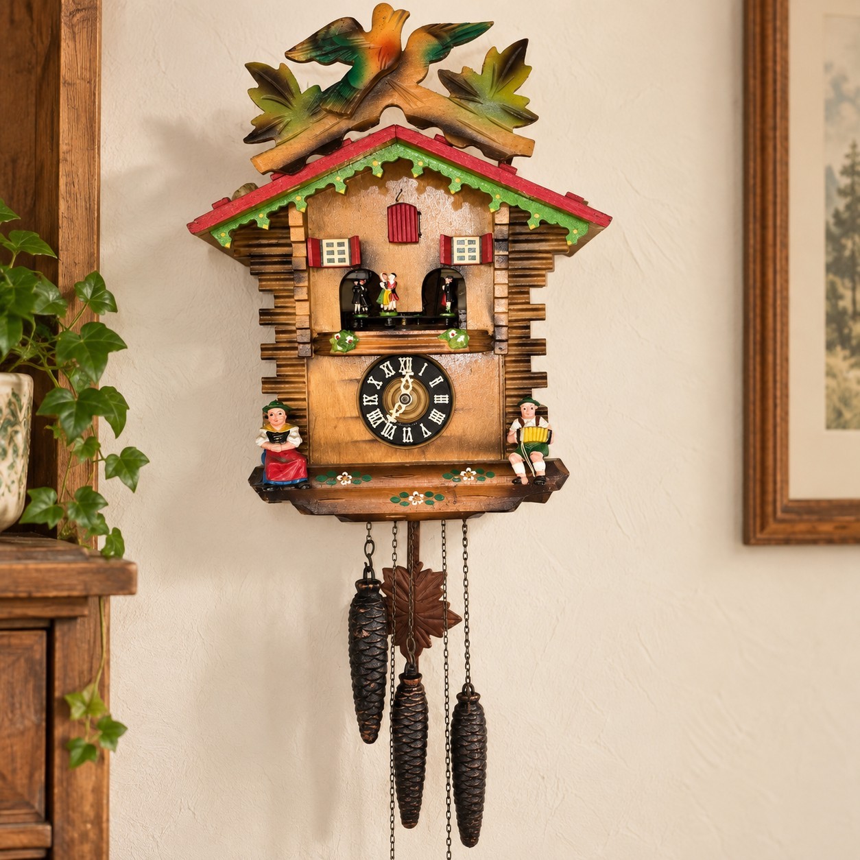 Vintage German Black Forest Cuckoo Clock 3 Weight Musical Dancers West Germany
