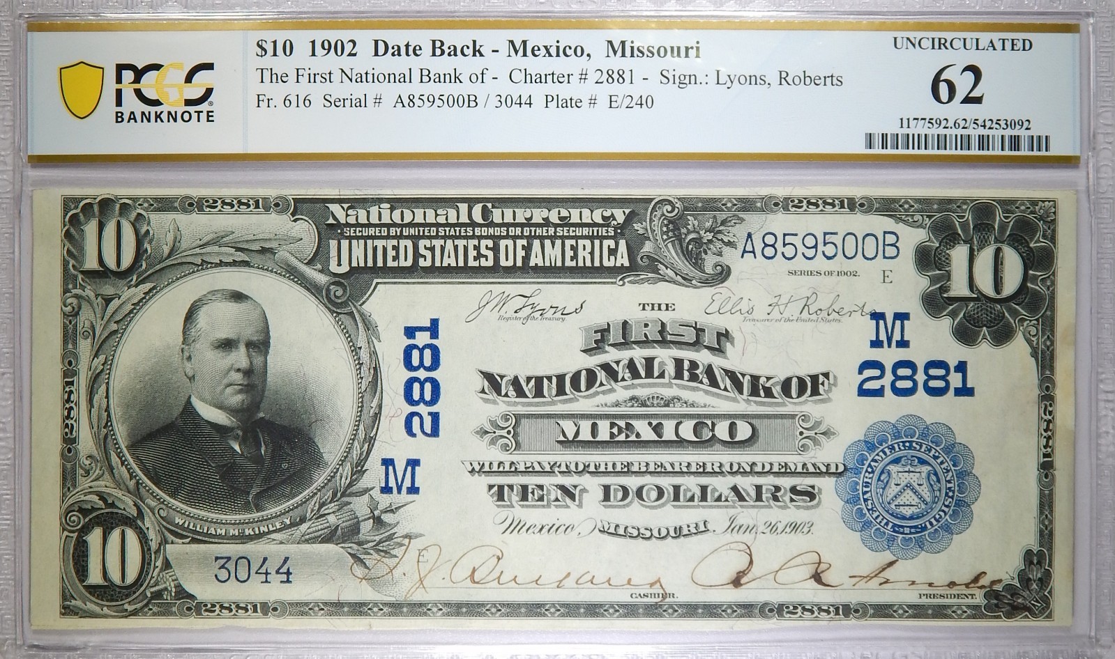 1902 Mexico, MO First National Bank of Mexico $10 Date Back PCGS Banknote 62
