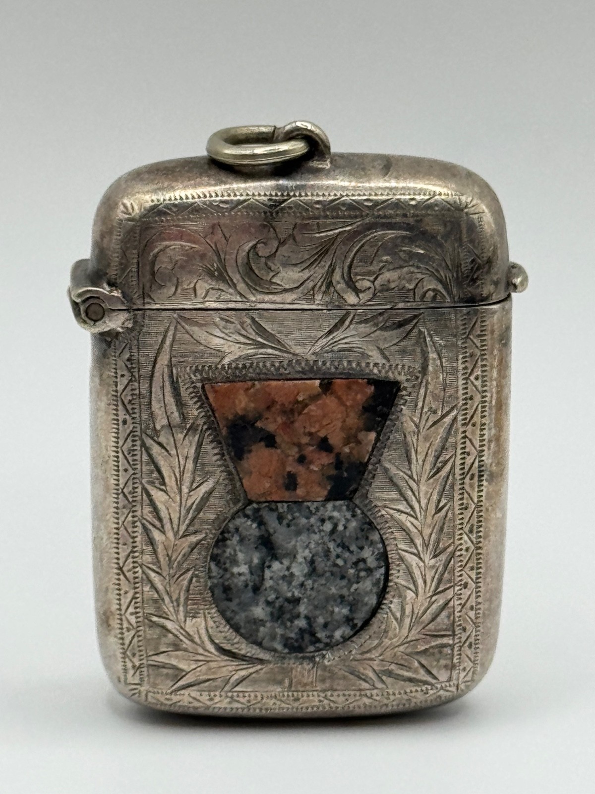 Antique JC&S EPNS Inlaid Granite Thistle Engraved Match Safe Vesta Case