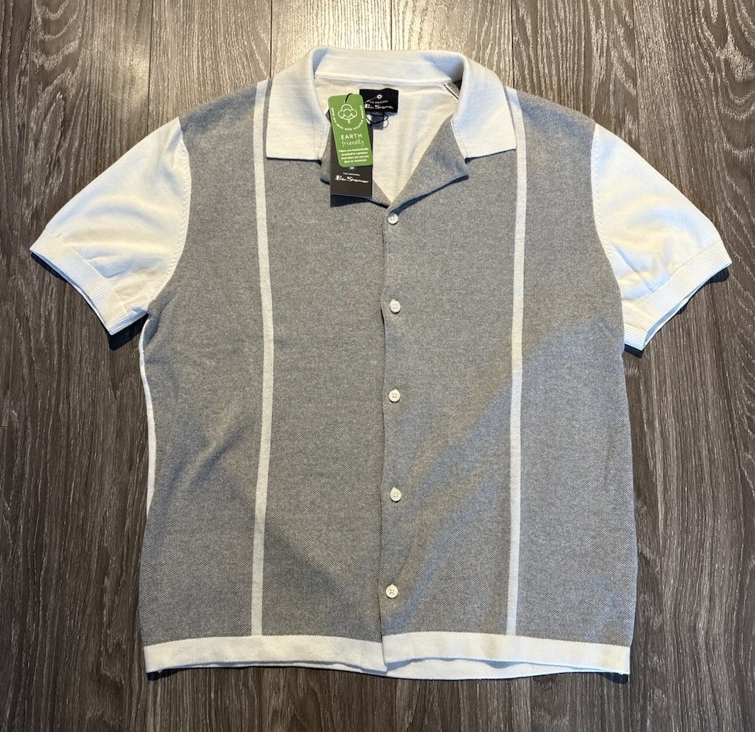 Ben Sherman Men\'s Button Up Knit Short Sleeve Gray White Stripe Large Ben Sherman Men\'s Button Up Knit Short Sleeve Gray White Stripe Large