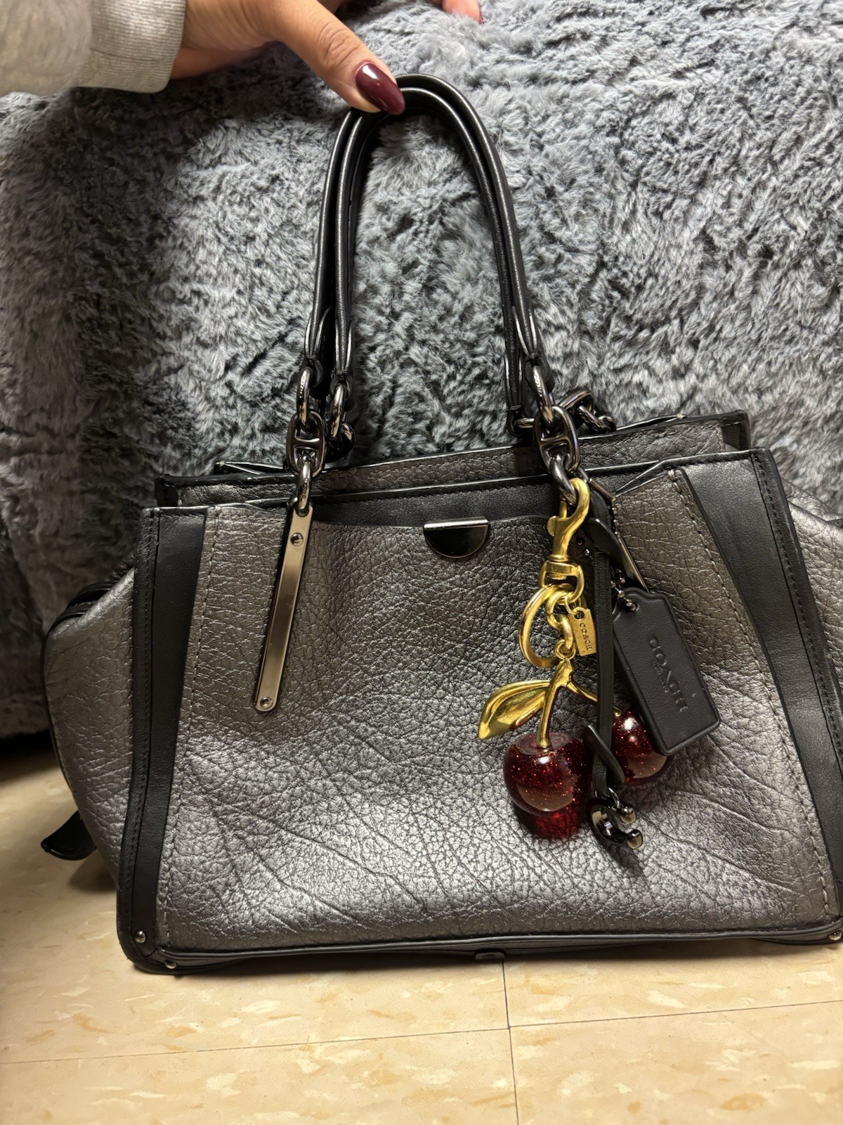 Coach Dreamer Metallic Graphite Leather Satchel Crossbody Bag with Strap Coach Dreamer Metallic Graphite Leather Satchel Crossbody Bag with Strap