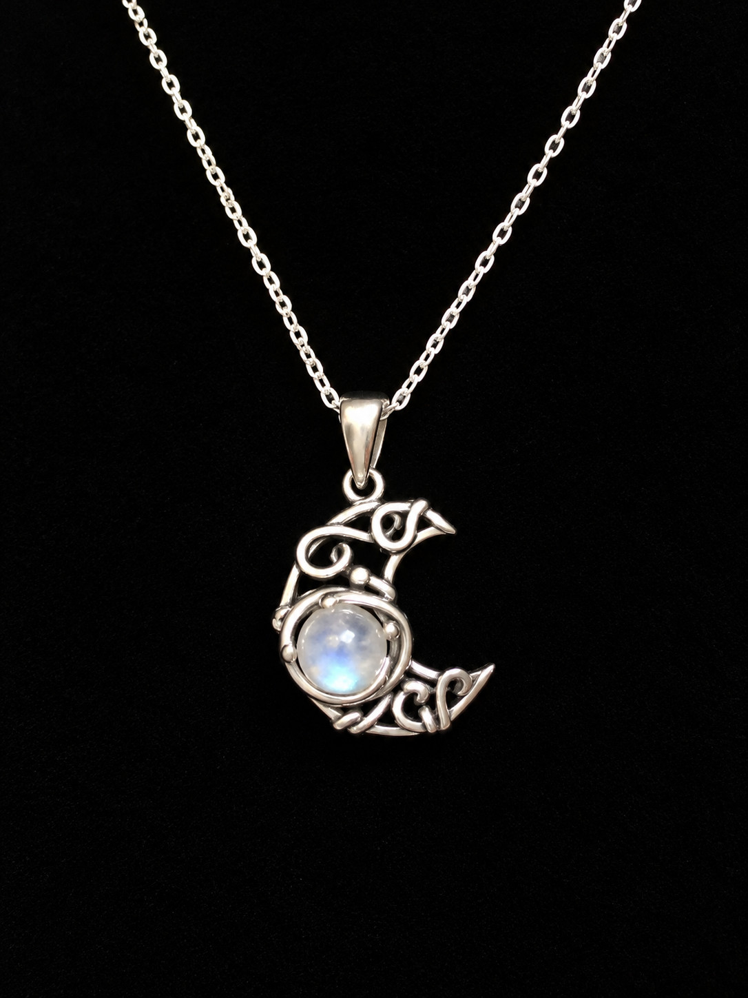 Celtic Crescent Moon Moonstone Necklace 925 Sterling Silver 18\
