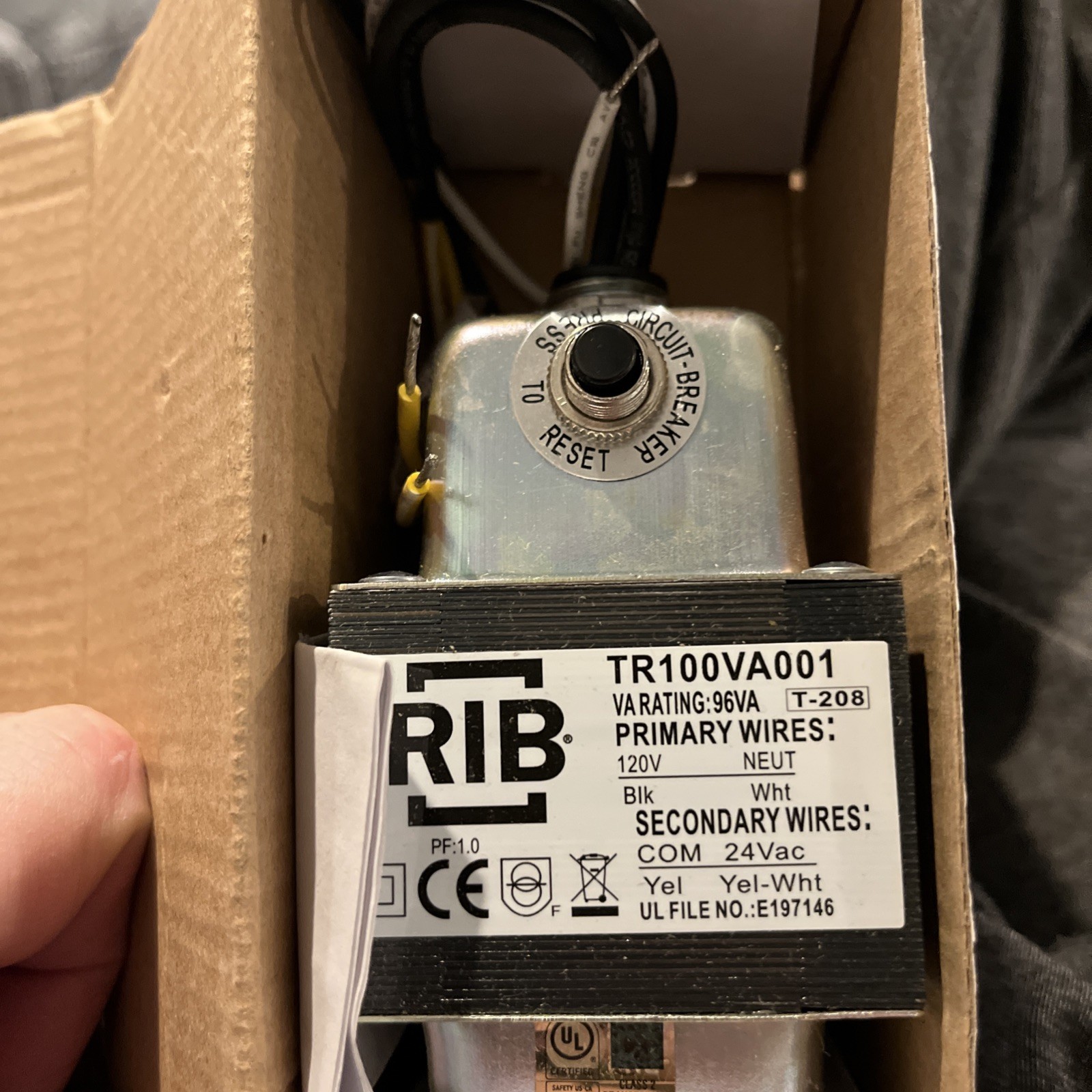 RIB TR100VA001US Transformer 120VAC 50/60Hz Primary, 24VAC Secondary NEW