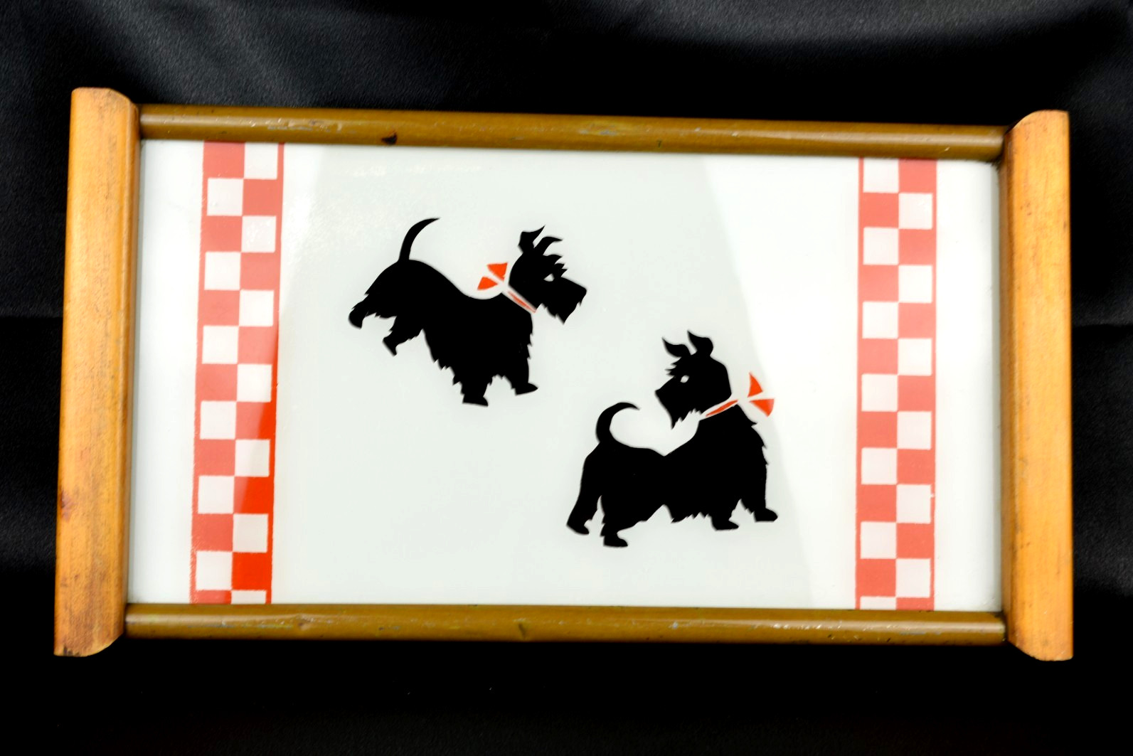 Vintage 1940s Westmoreland Scottie Dog Reverse Painted Glass Tray Wood Frame Vintage 1940s Westmoreland Scottie Dog Reverse Painted Glass Tray Wood Frame