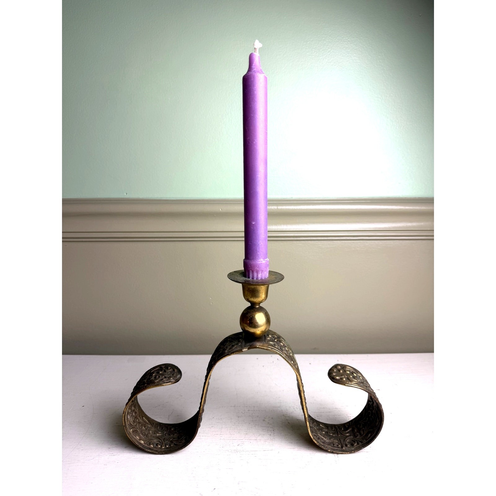 Vintage 1997 Brass Taper Candle Holder Embossed Scroll Ornate Gothic Decor