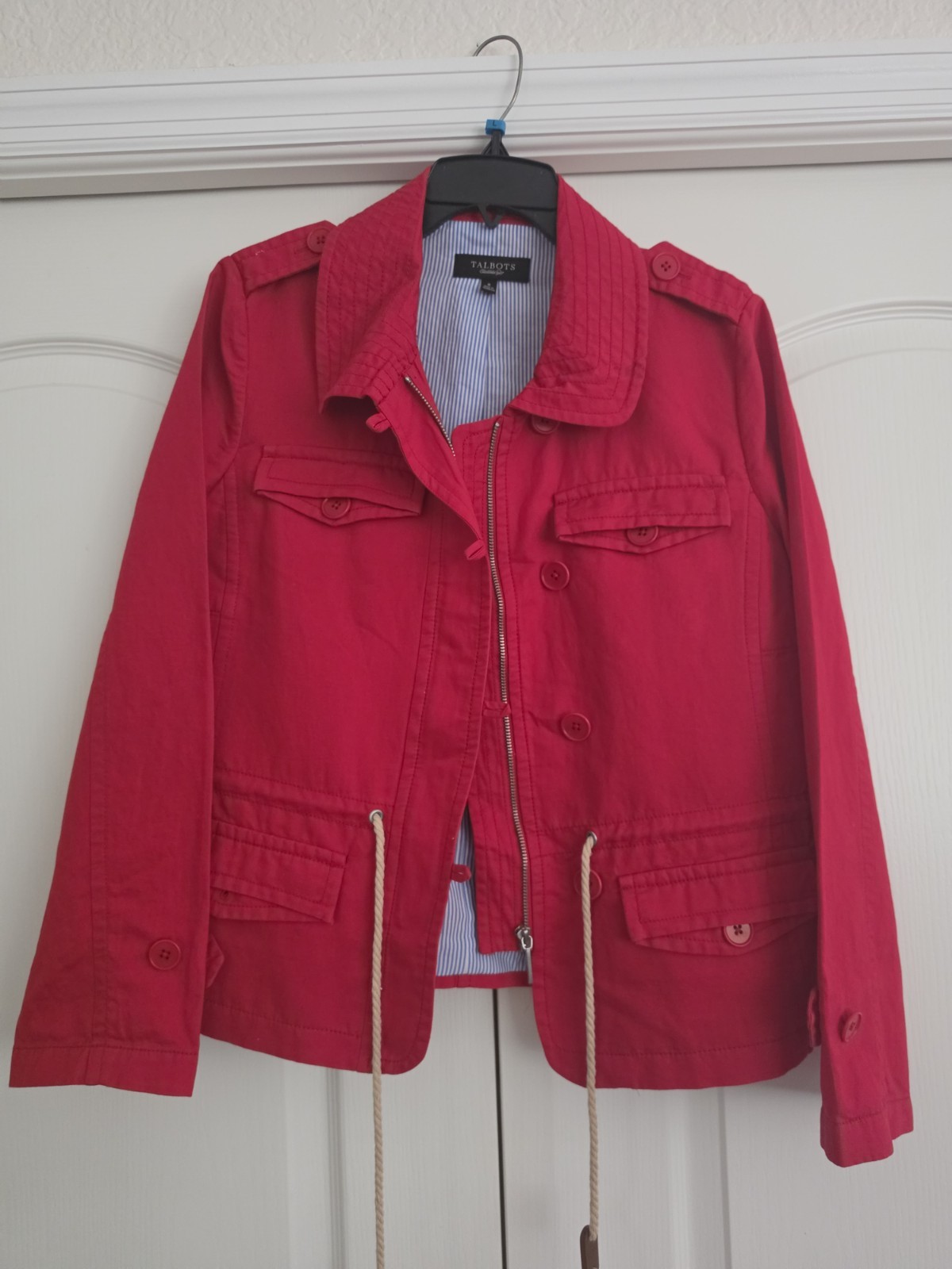 Talbots Women\'s Red Field Jacket Button Zip Pockets Drawstring Collar Size 8