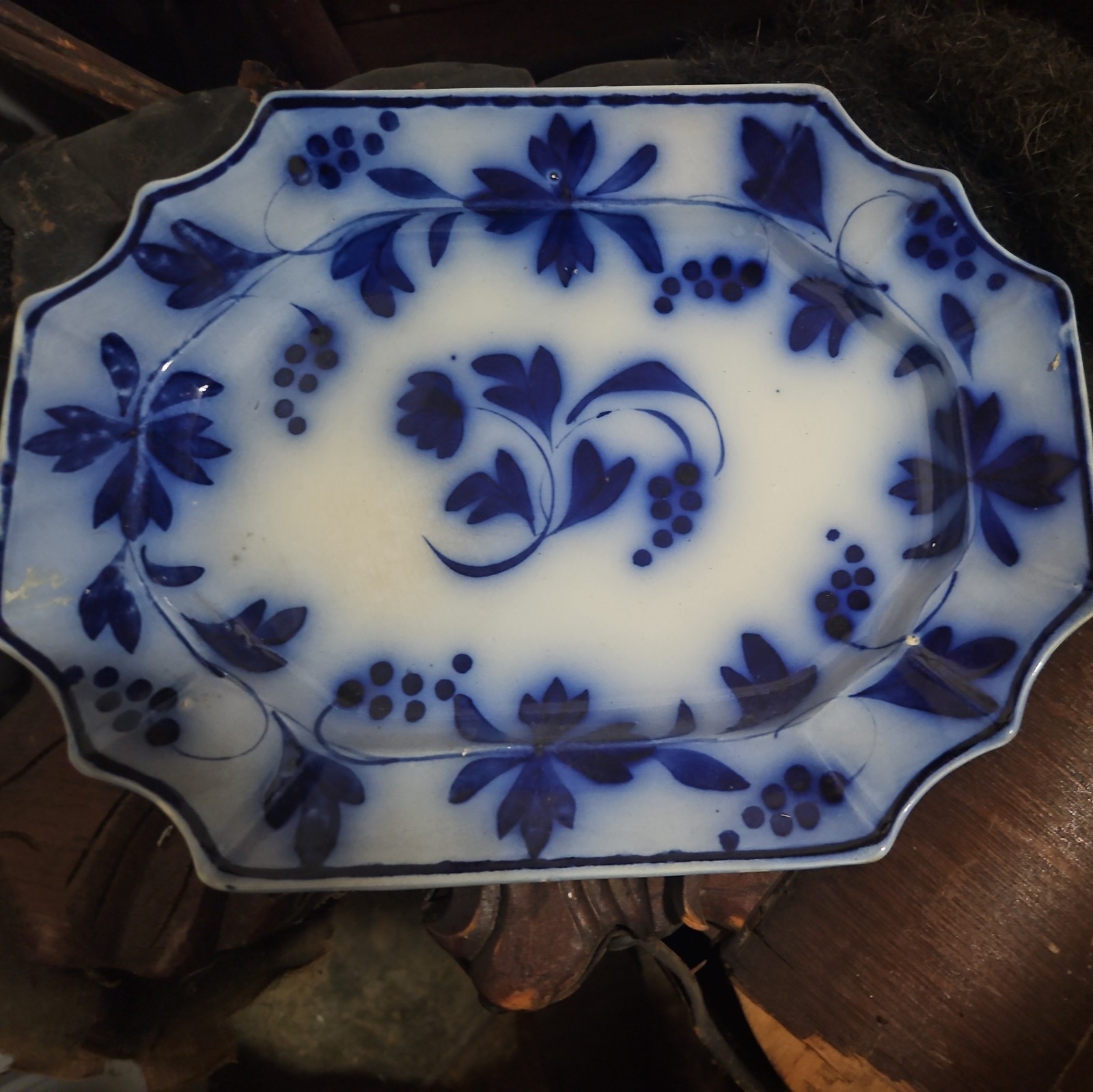 1840\'s Antique FLOW BLUE BLUEBELL & GRAPES Platter by T&R BOOTE 1840\'s Antique FLOW BLUE BLUEBELL & GRAPES Platter by T&R BOOTE