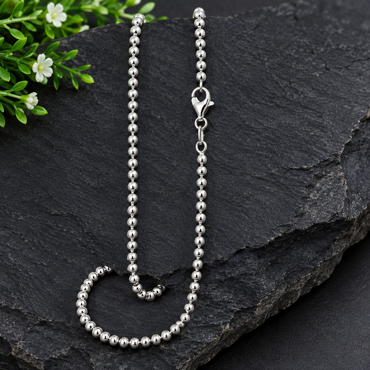 Solid 925 Sterling Silver 3MM Bead Ball Link Chain Necklace Beaded Ball Necklace
