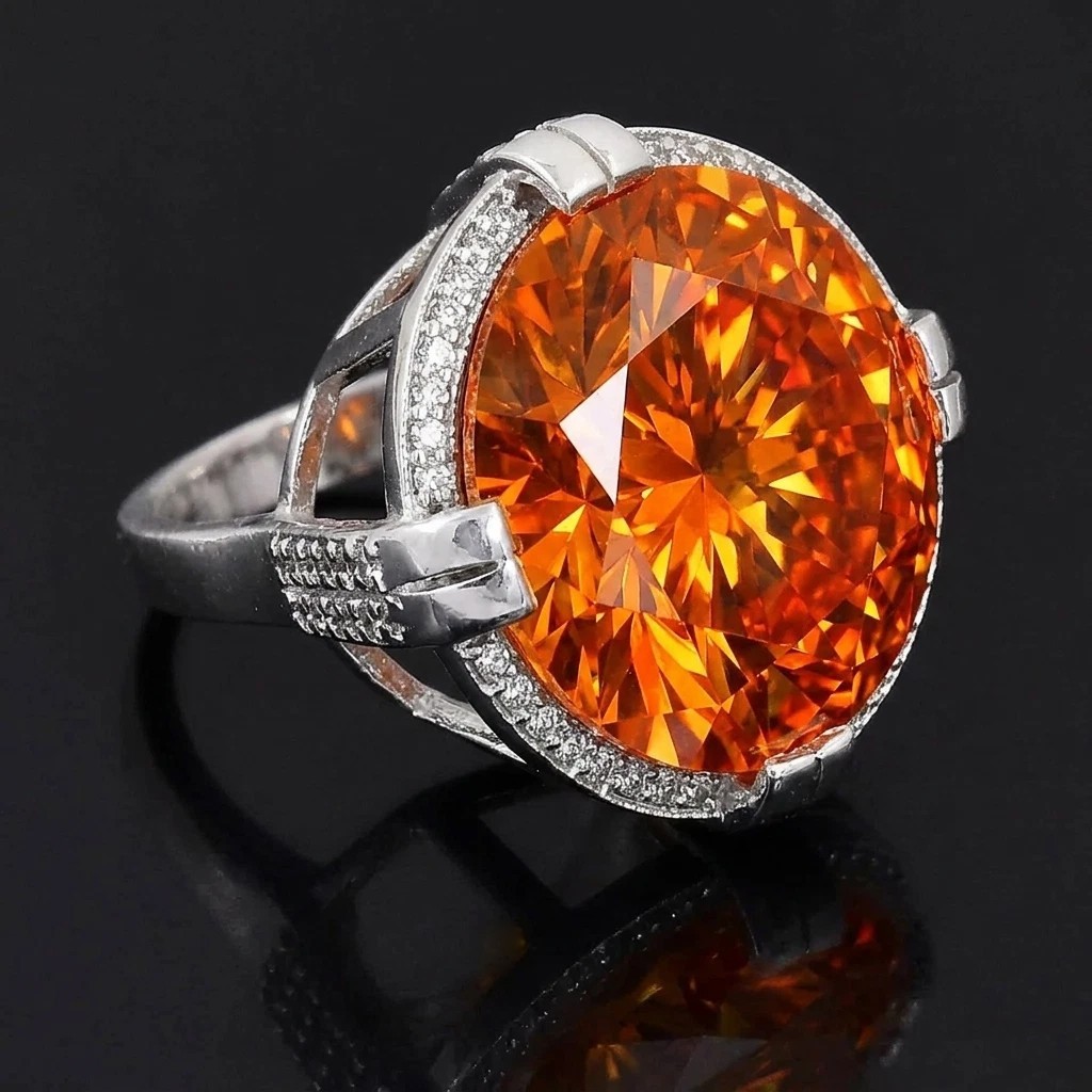 HUGE 42.00 Ct Flame Orange Diamond Solitaire Ring, in 925 Silver, Certified