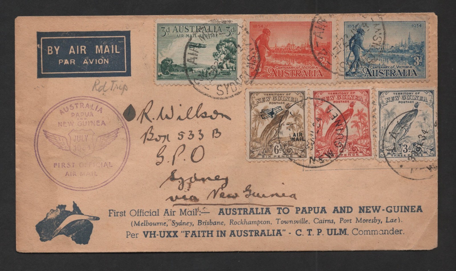 AUSTRALIA PAPUA & NEW GUINEA 1934 FIRST OFFICIAL ROUND TRIP AIR MAIL MIXED FRANK