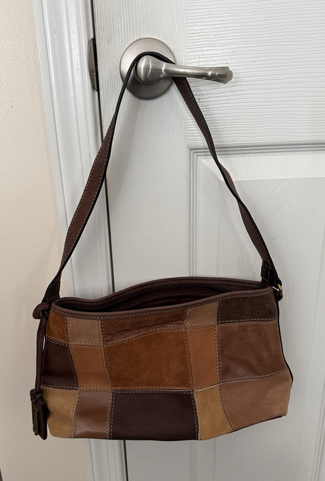 Vintage Fossil Patchwork Shoulder Bag Leather Suede Brown Tan Boho Y2K 90s Hobo