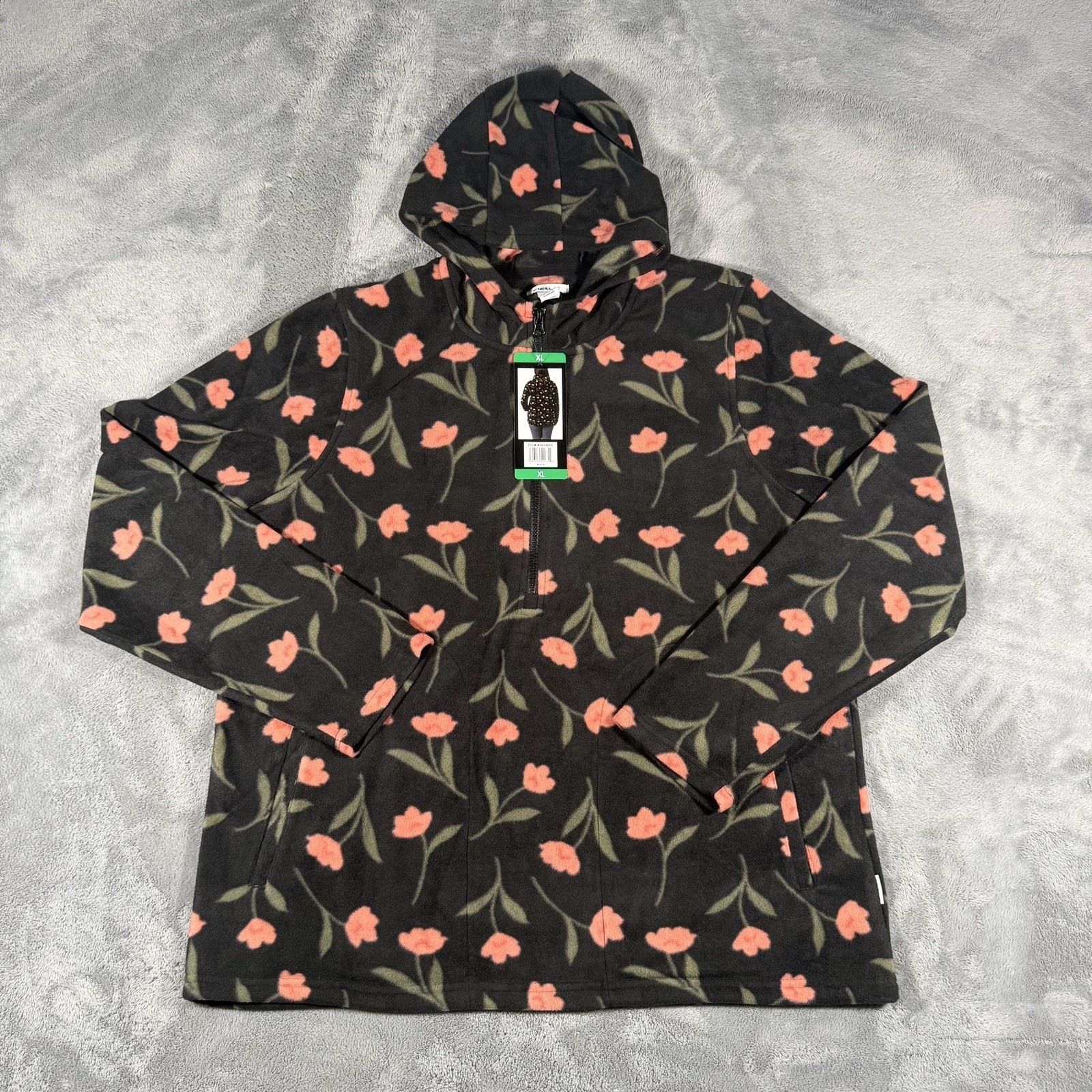 O\'Neill Fleece Jacket Womens Size XL Black Floral Hooded Full Zip Soft NWT