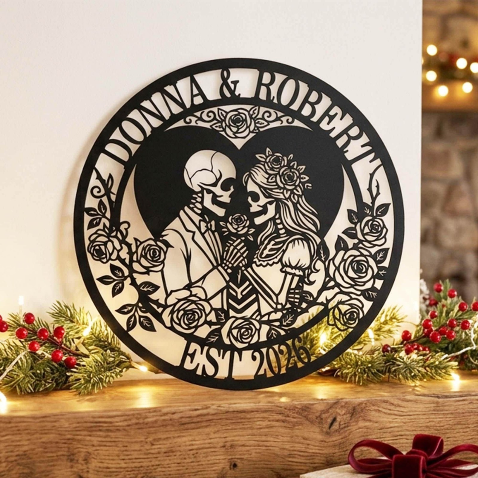 Personalized Skeleton Couple Metal Sign, Skull Name Wall Art, Anniversary Gift
