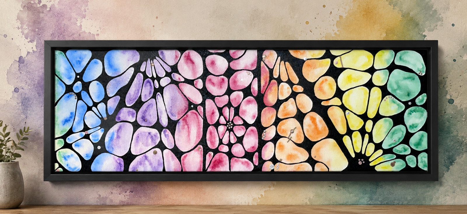 Original Art 10X30 Rainbow Acrylic Biomorphic Abstract Painting