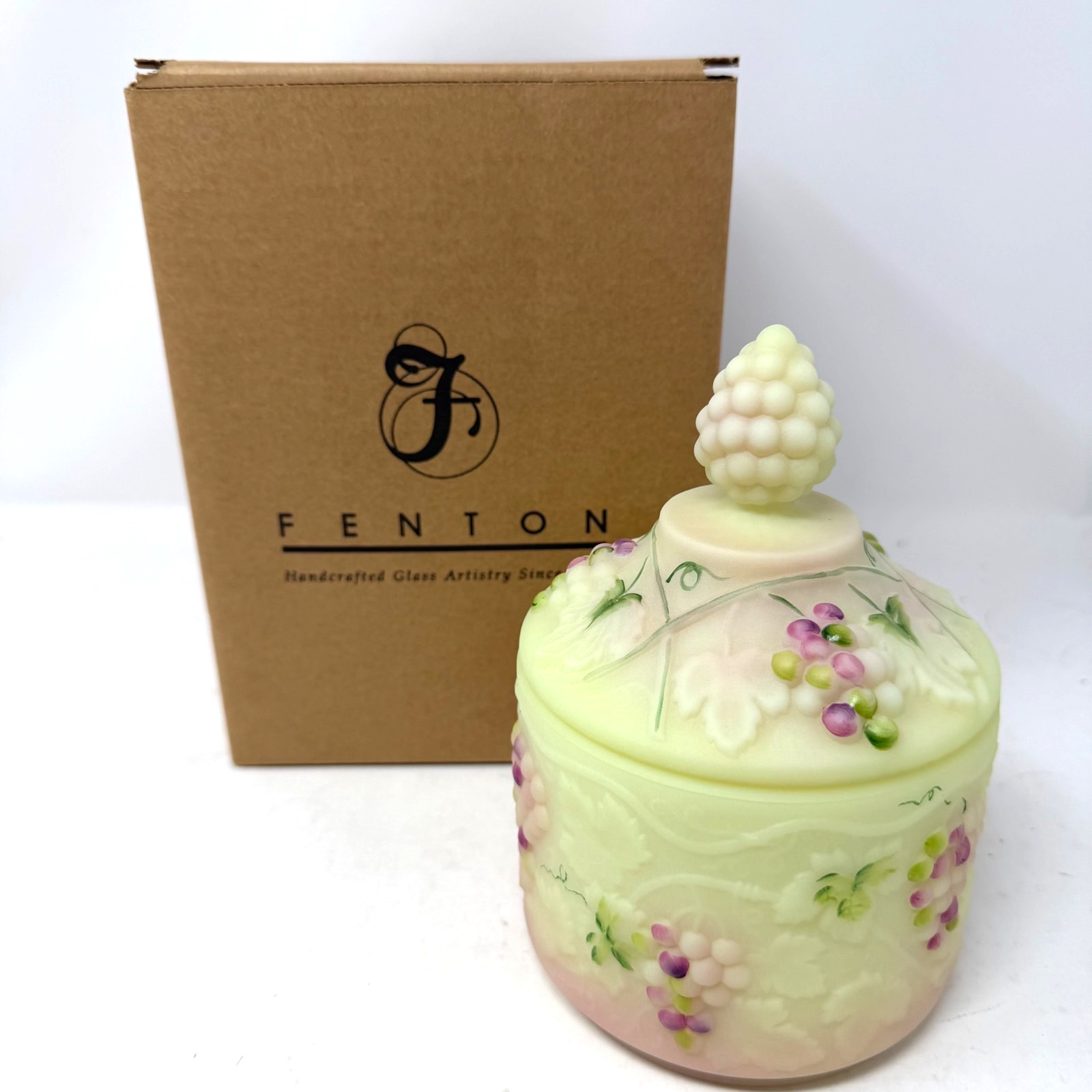 Fenton Burmese Hand Painted Grape Covered Box Signed JK Spindler NEW Fenton Burmese Hand Painted Grape Covered Box Signed JK Spindler NEW