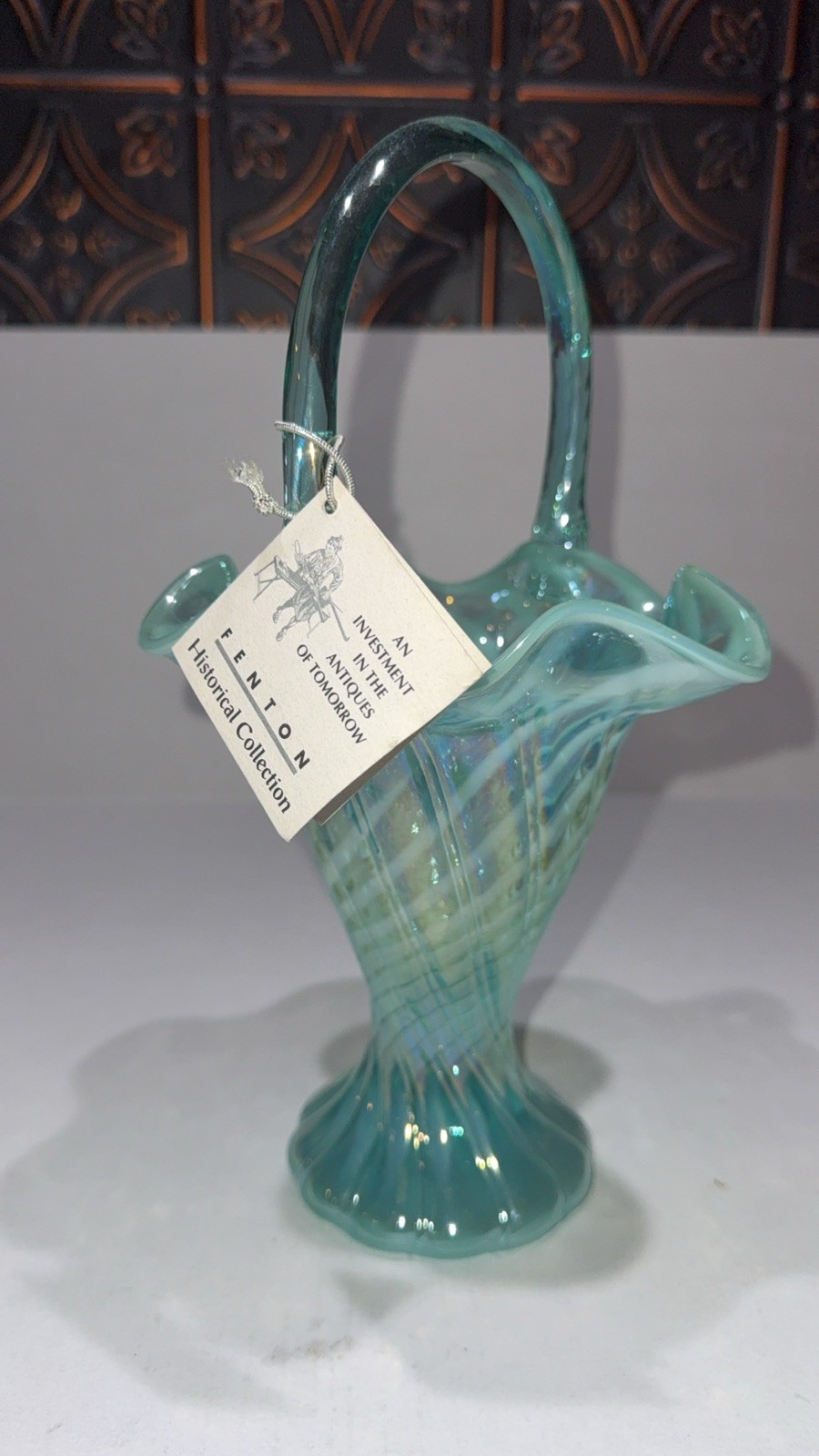 Vintage Fenton Teal/Aqua Green Opalescent Swirl Spiral Optic Ruffle Basket 11” Vintage Fenton Teal/Aqua Green Opalescent Swirl Spiral Optic Ruffle Basket 11”