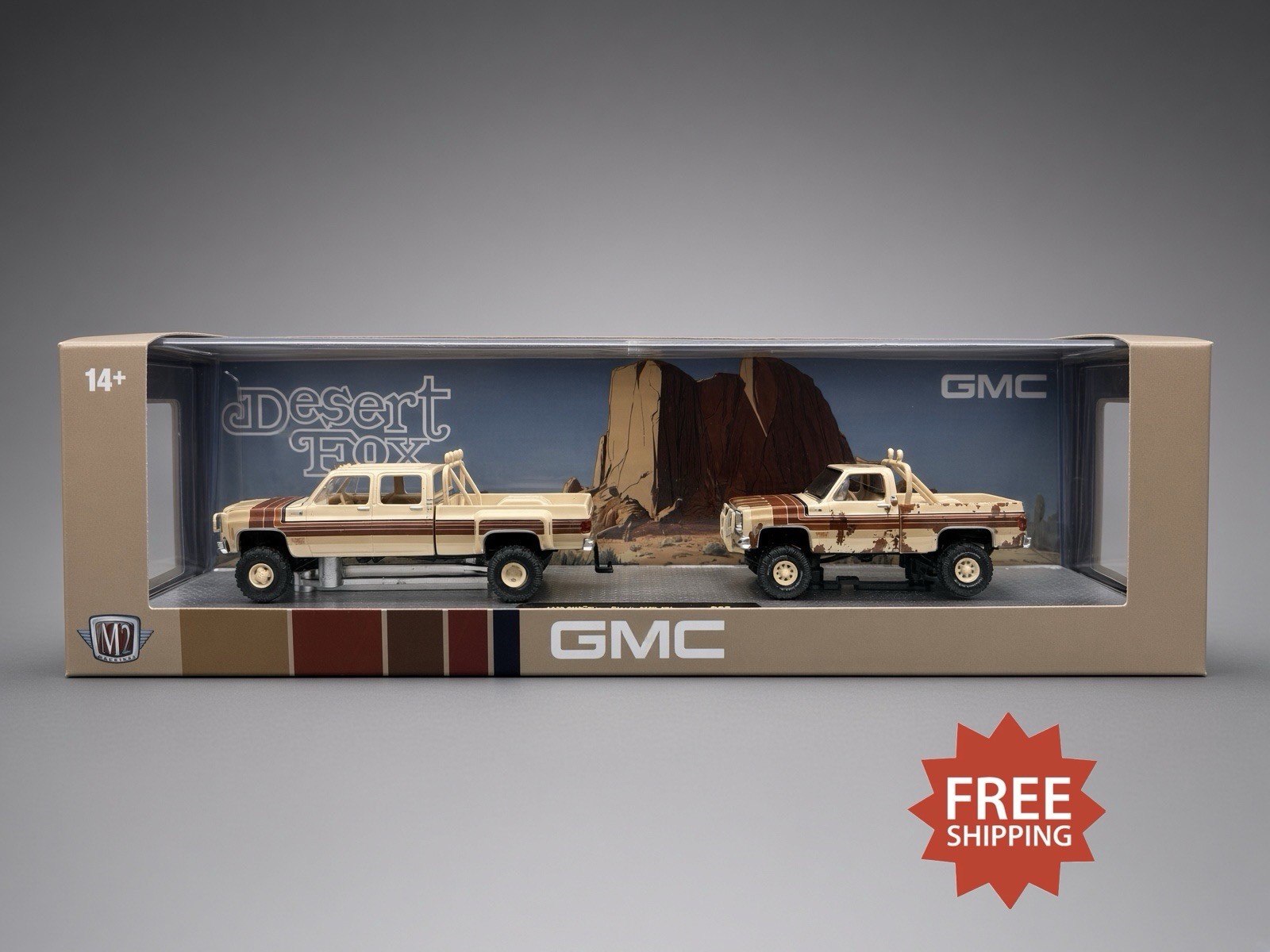 NEW M2 Machines Desert Fox GMC Sierra 2-Pack 1/64 Diecast Square Body Truck Set