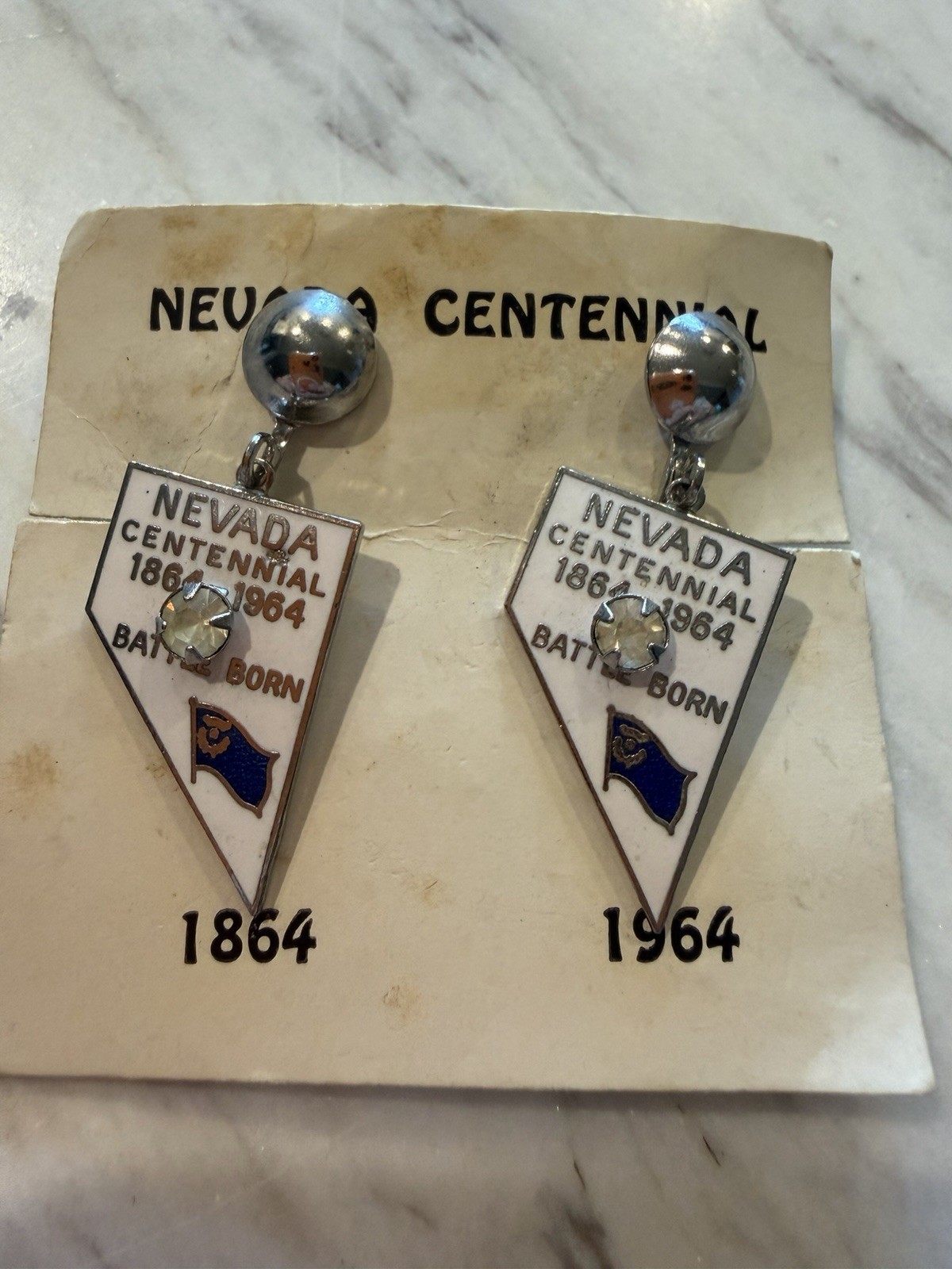 Vtg 1964 Nevada Centennial Battle Born Clip-On Earrings w Original Card Souvenir