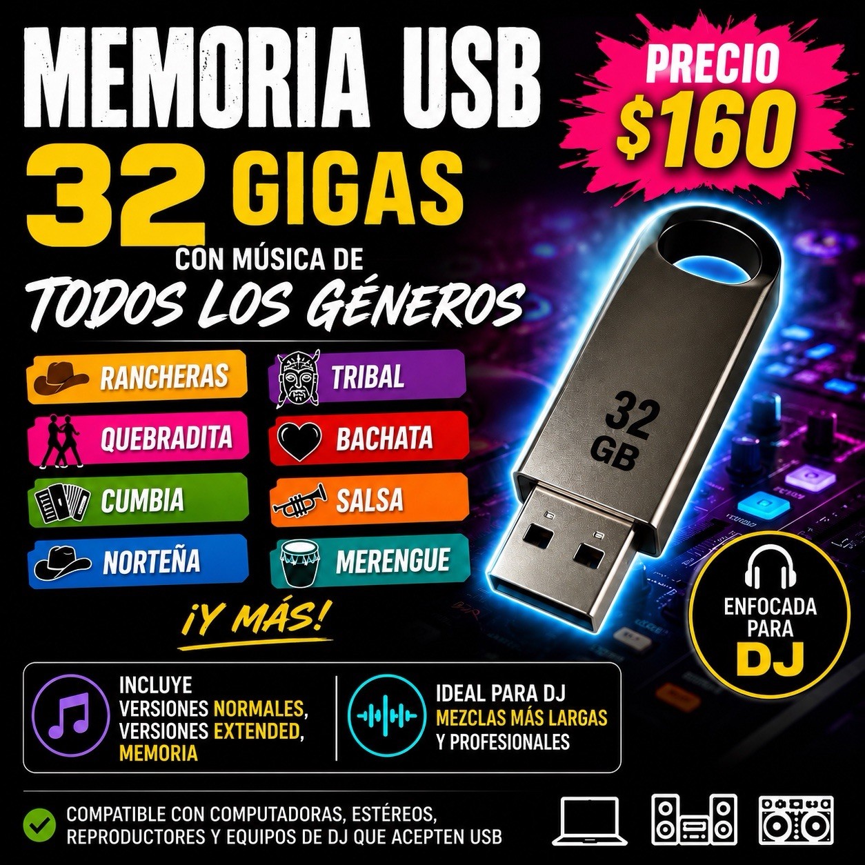 Memoria USB 32GB DJ 7,000 Canciones Todos los Ritmos Envío Gratis