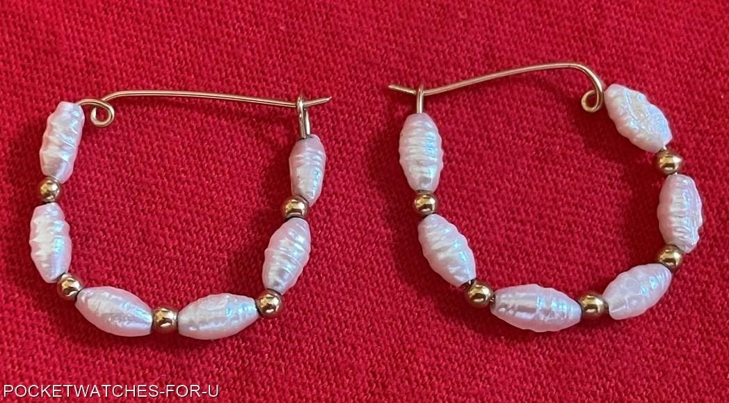 VINTAGE 14K YELLOW GOLD BAROQUE STYLE  FRESHWATER PEARLS EARRING HOOPS