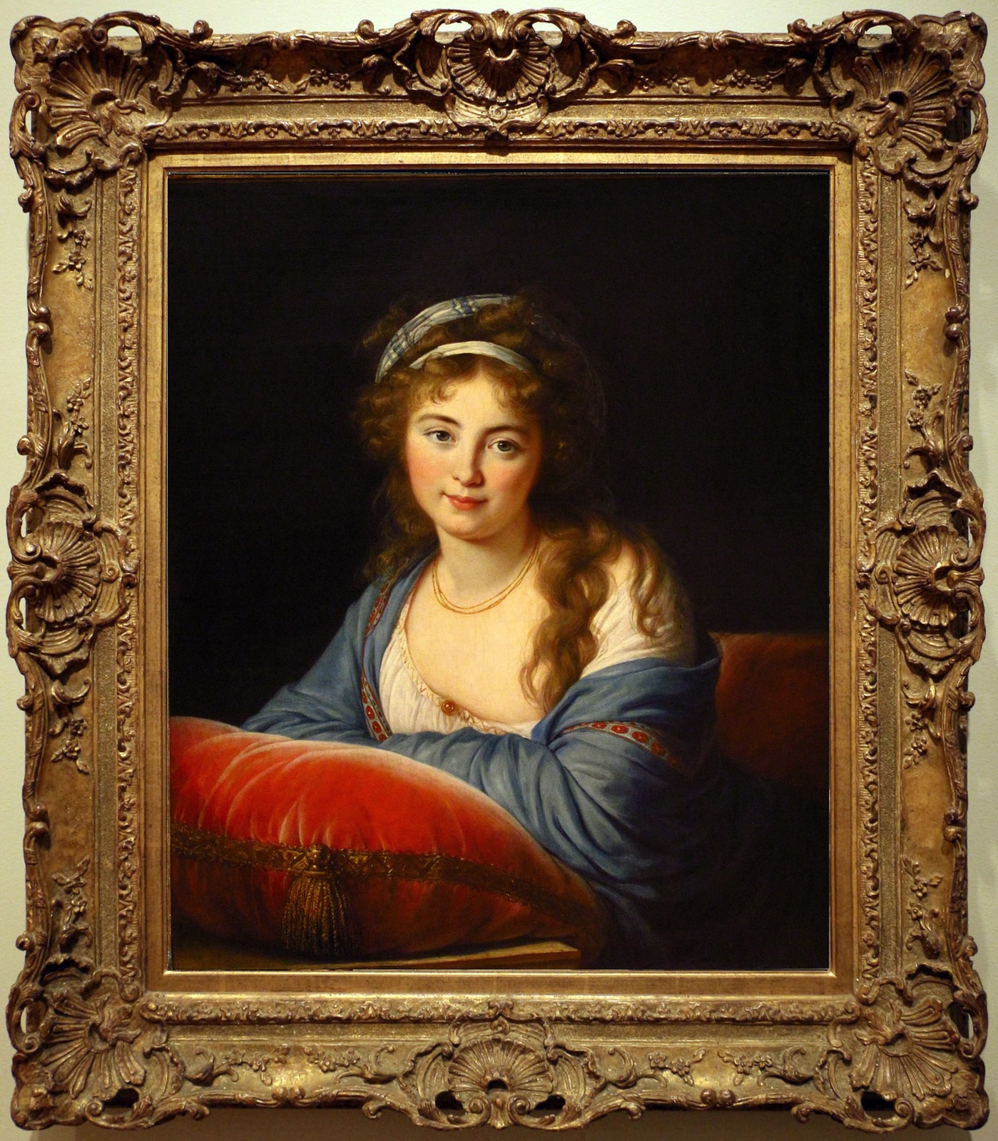 Hand Painted Oil Painting Vintage Lady Portrait White Headband Blue Robe Art Hand Painted Oil Painting Vintage Lady Portrait White Headband Blue Robe Art