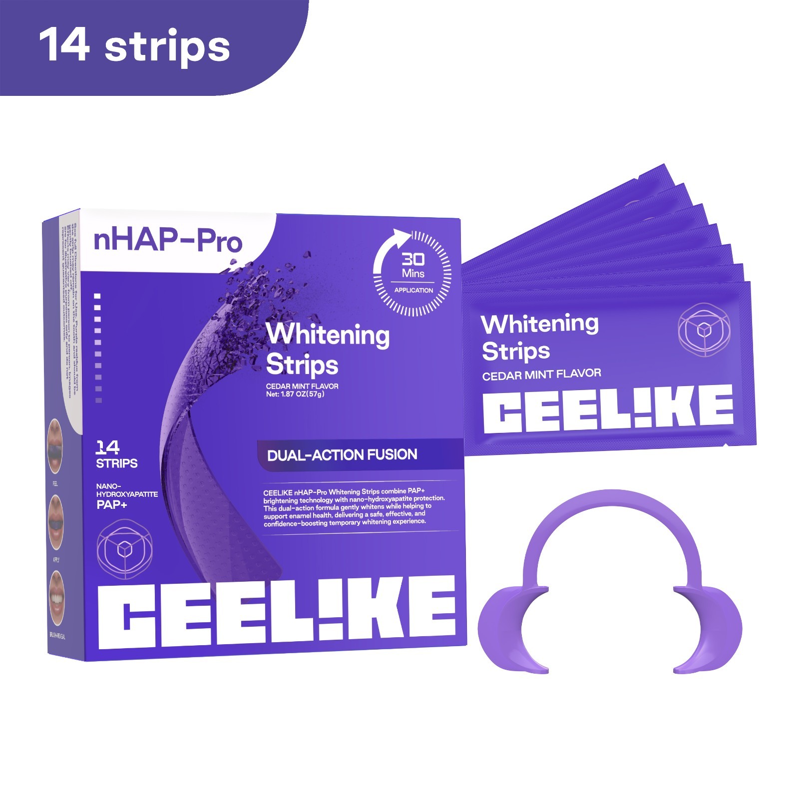 CEELIKE Purple Teeth Whitening Strips, PAP + nHAP, 42 Strips ( 21 Treatment )
